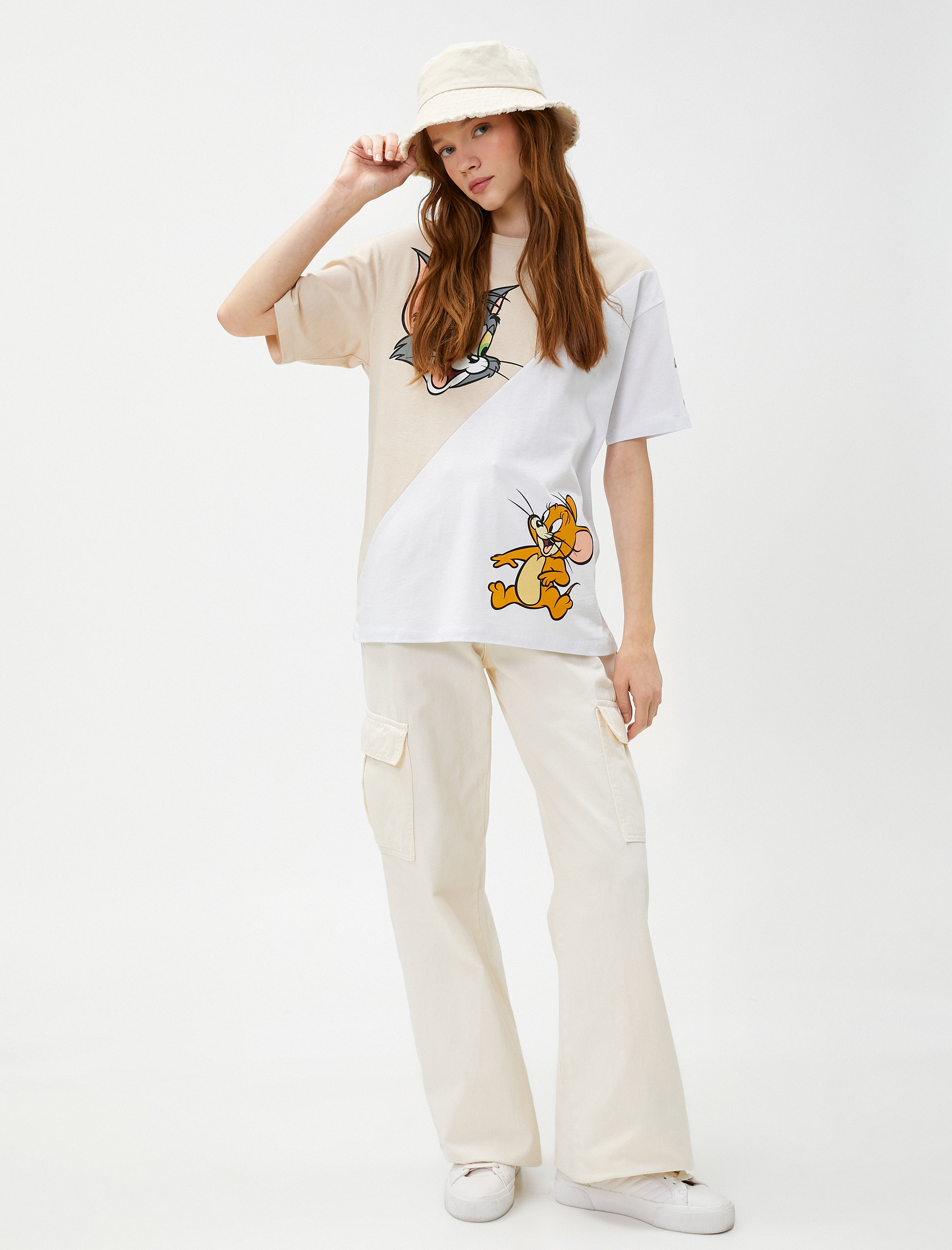 Tom ve Jerry Tişört Baskılı Renk Bloklu Bisiklet Yaka Lisanslı