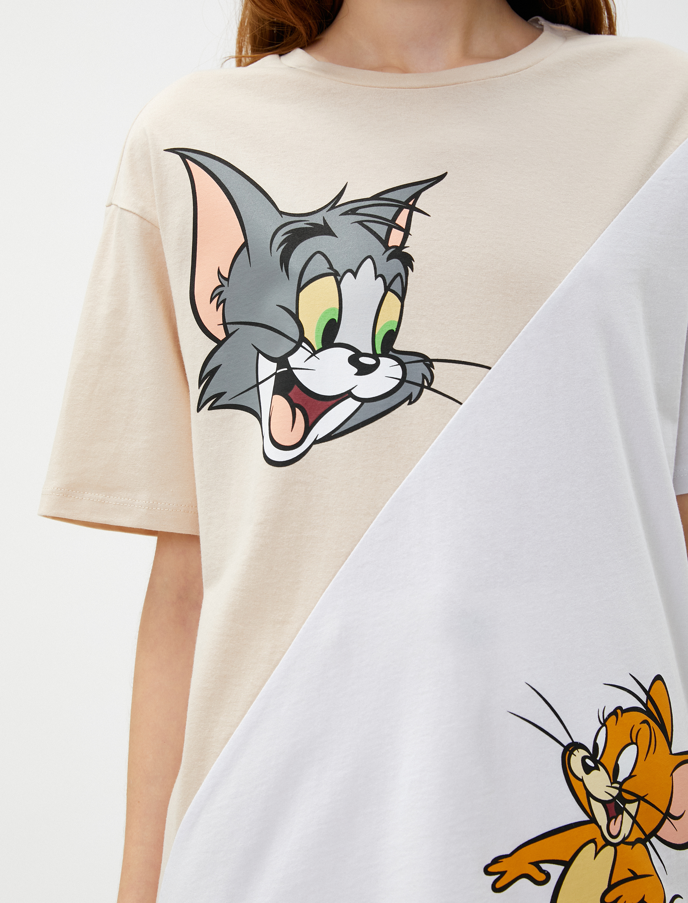 Tom ve Jerry Tişört Baskılı Renk Bloklu Bisiklet Yaka Lisanslı