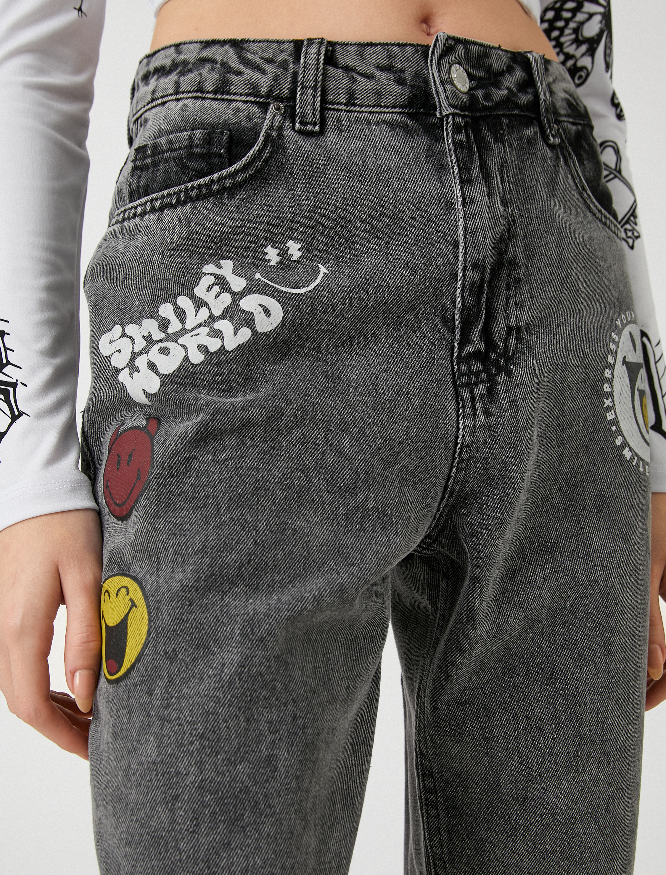   Yüksek Bel Kot Pantolon Baskılı Hafif Dar Paça - Mom Jean