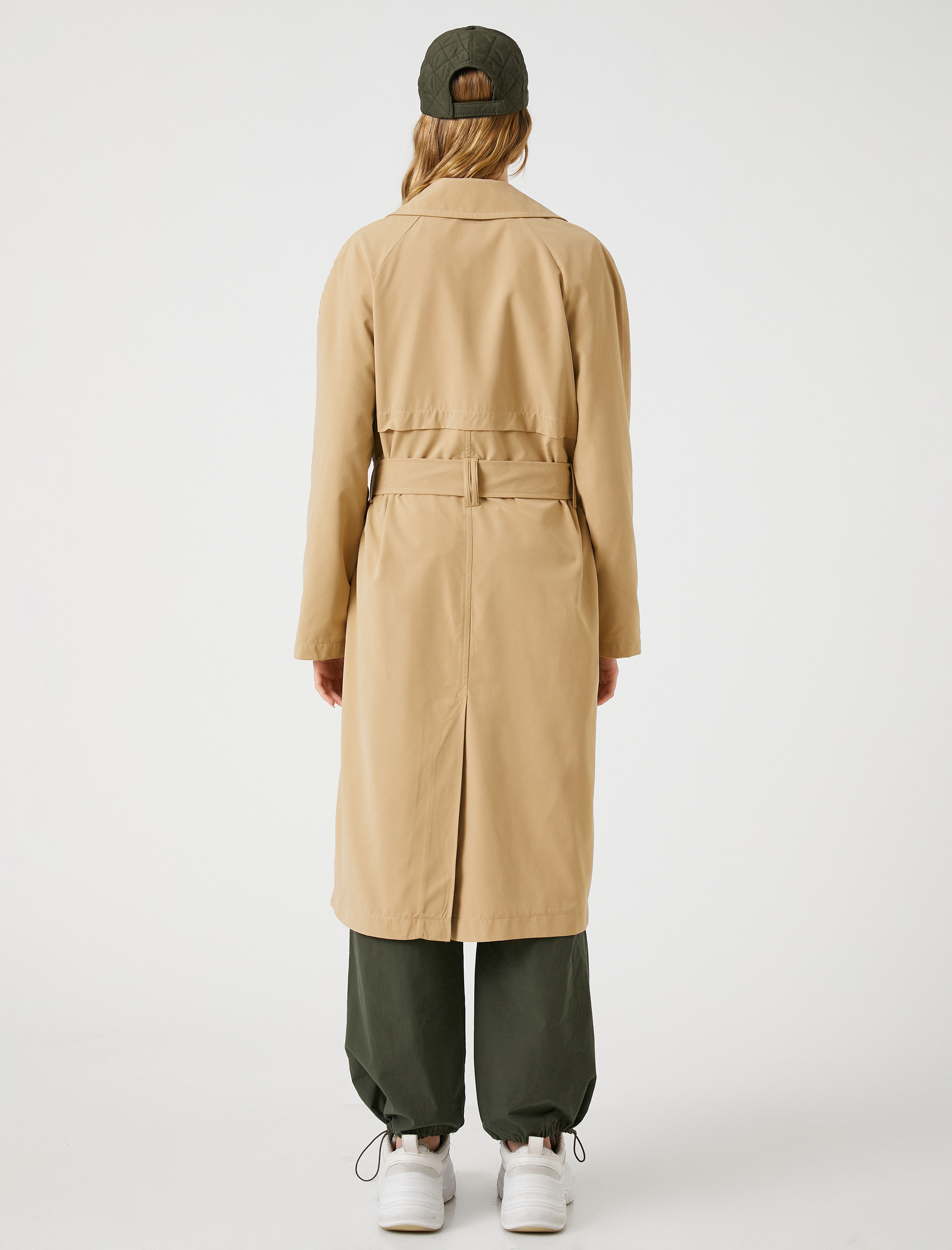 Midi Trençkot Kemer Detaylı Yumuşak Tuşeli Kruvaze Kapama