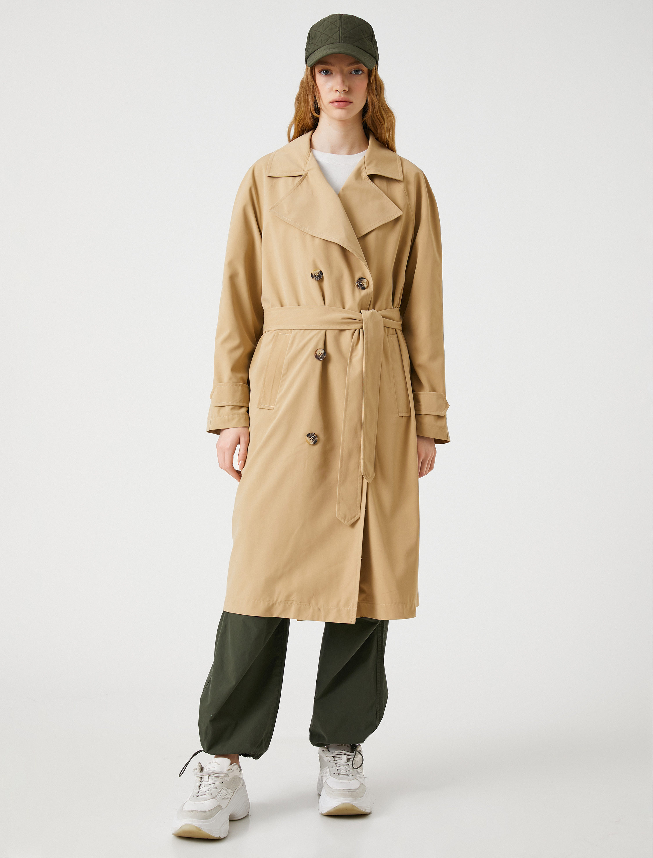 Midi Trençkot Kemer Detaylı Yumuşak Tuşeli Kruvaze Kapama