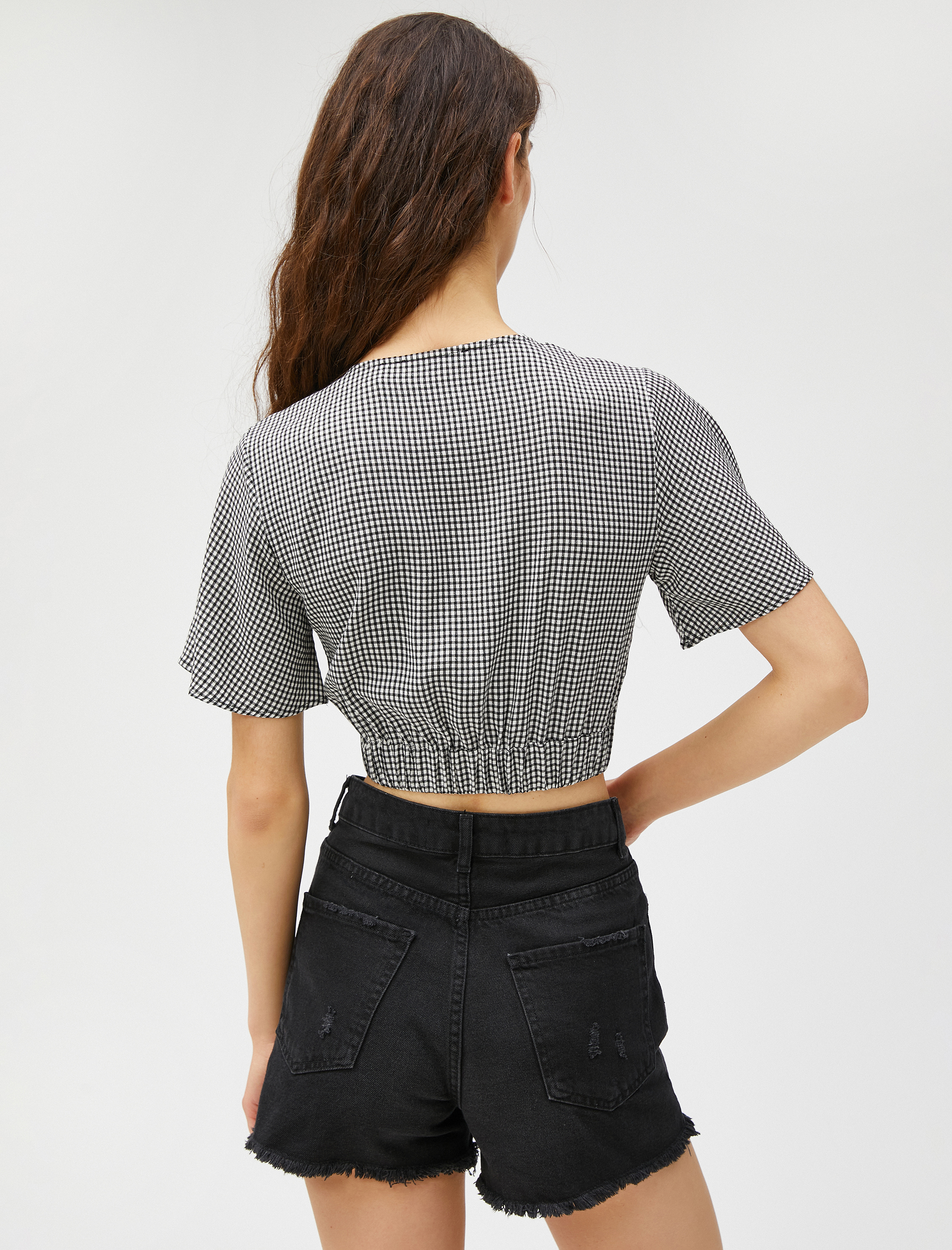   Crop Bluz V Yaka Pencere Detaylı V Yaka