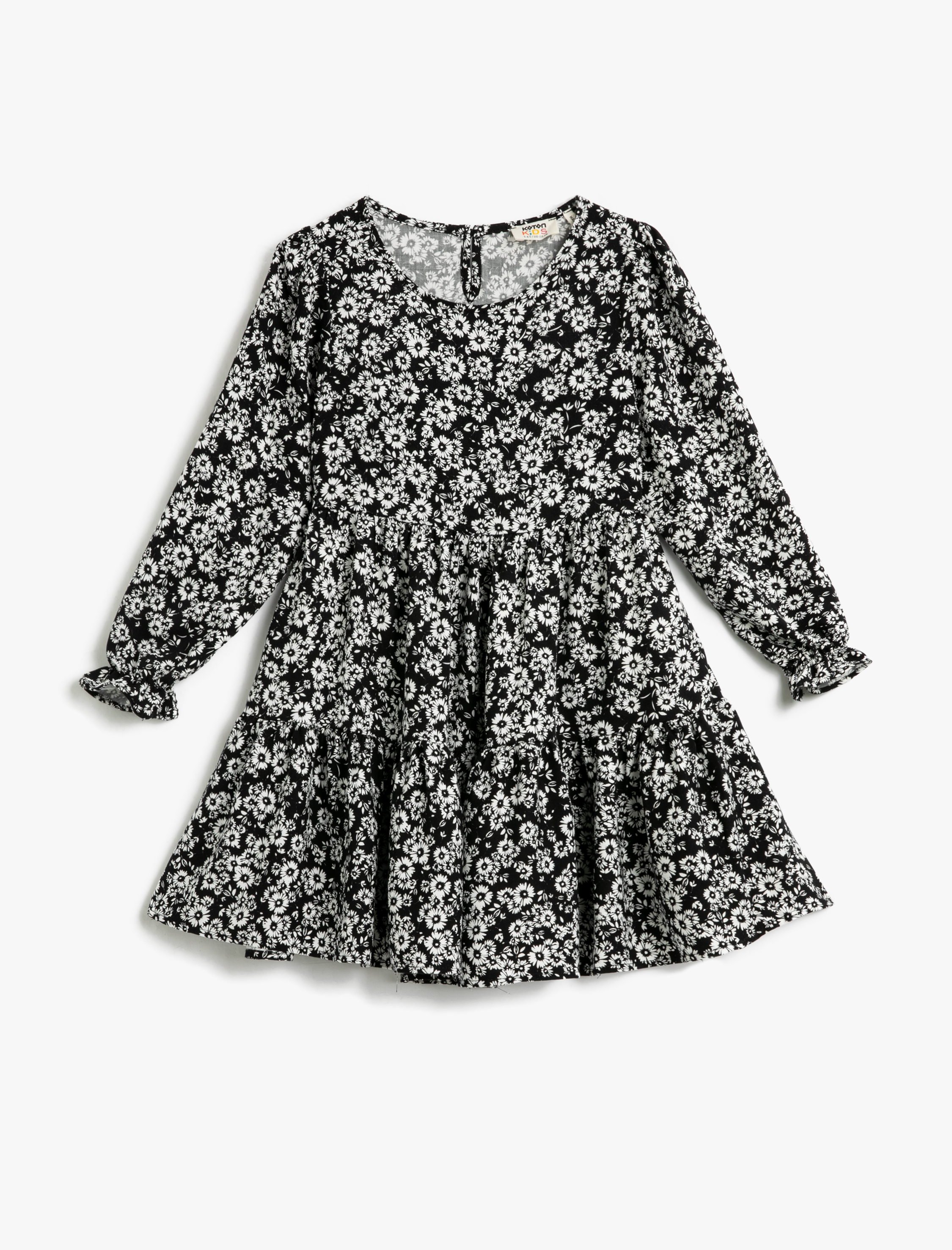  Kız Çocuk Elbise Çiçekli Yuvarlak Yaka Manşetleri Lastikli Pamuklu