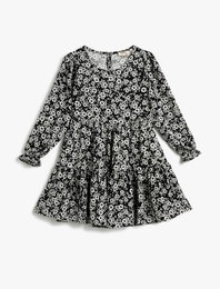 Elbise Çiçekli Yuvarlak Yaka Manşetleri Lastikli Pamuklu