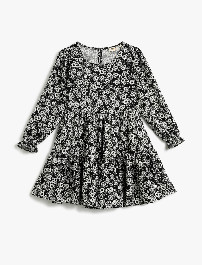 Kız Çocuk Elbise Çiçekli Yuvarlak Yaka Manşetleri Lastikli Pamuklu