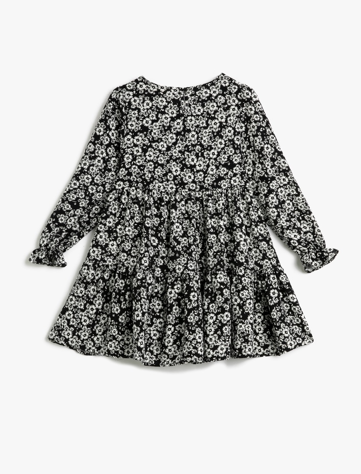 Kız Çocuk Elbise Çiçekli Yuvarlak Yaka Manşetleri Lastikli Pamuklu