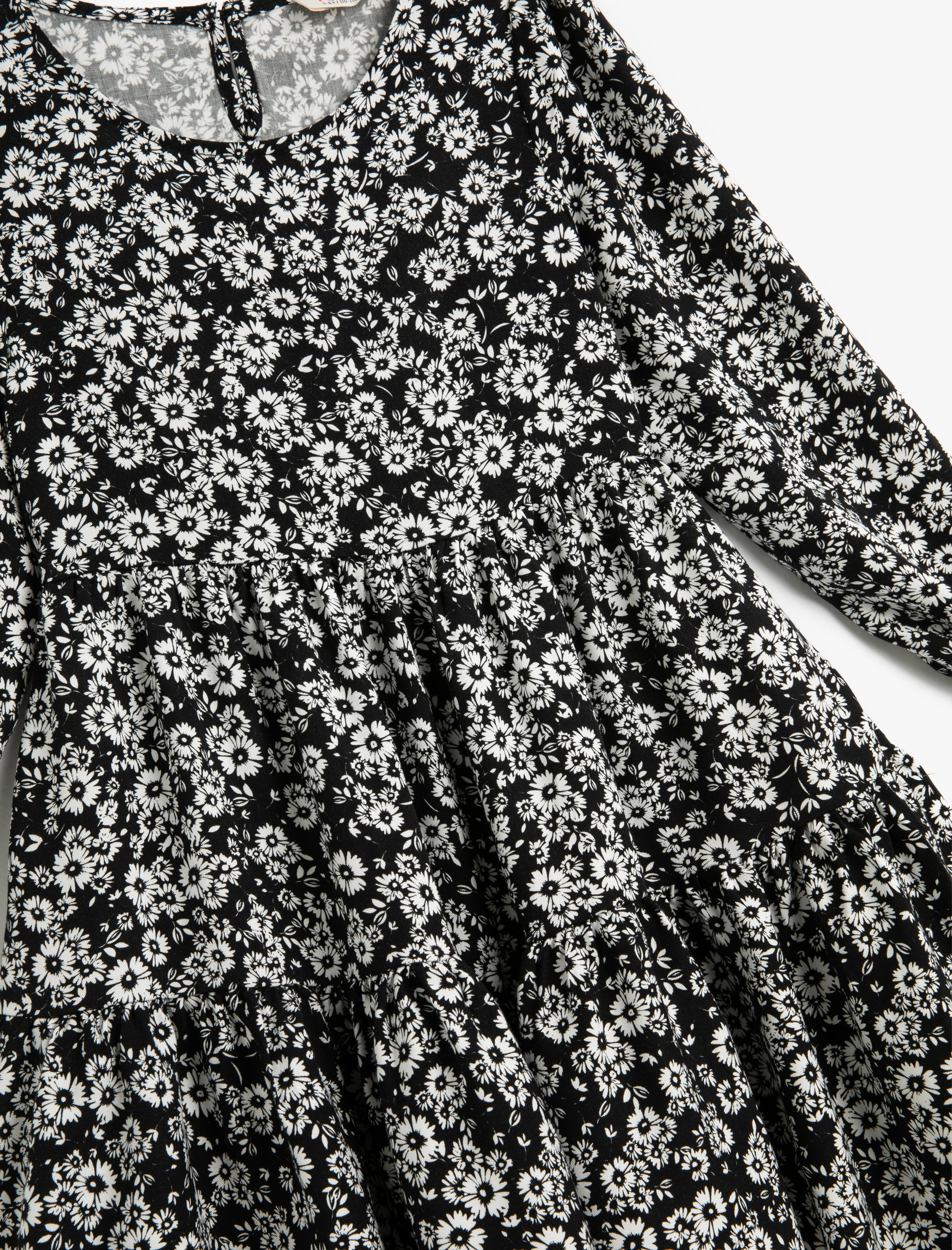  Kız Çocuk Elbise Çiçekli Yuvarlak Yaka Manşetleri Lastikli Pamuklu