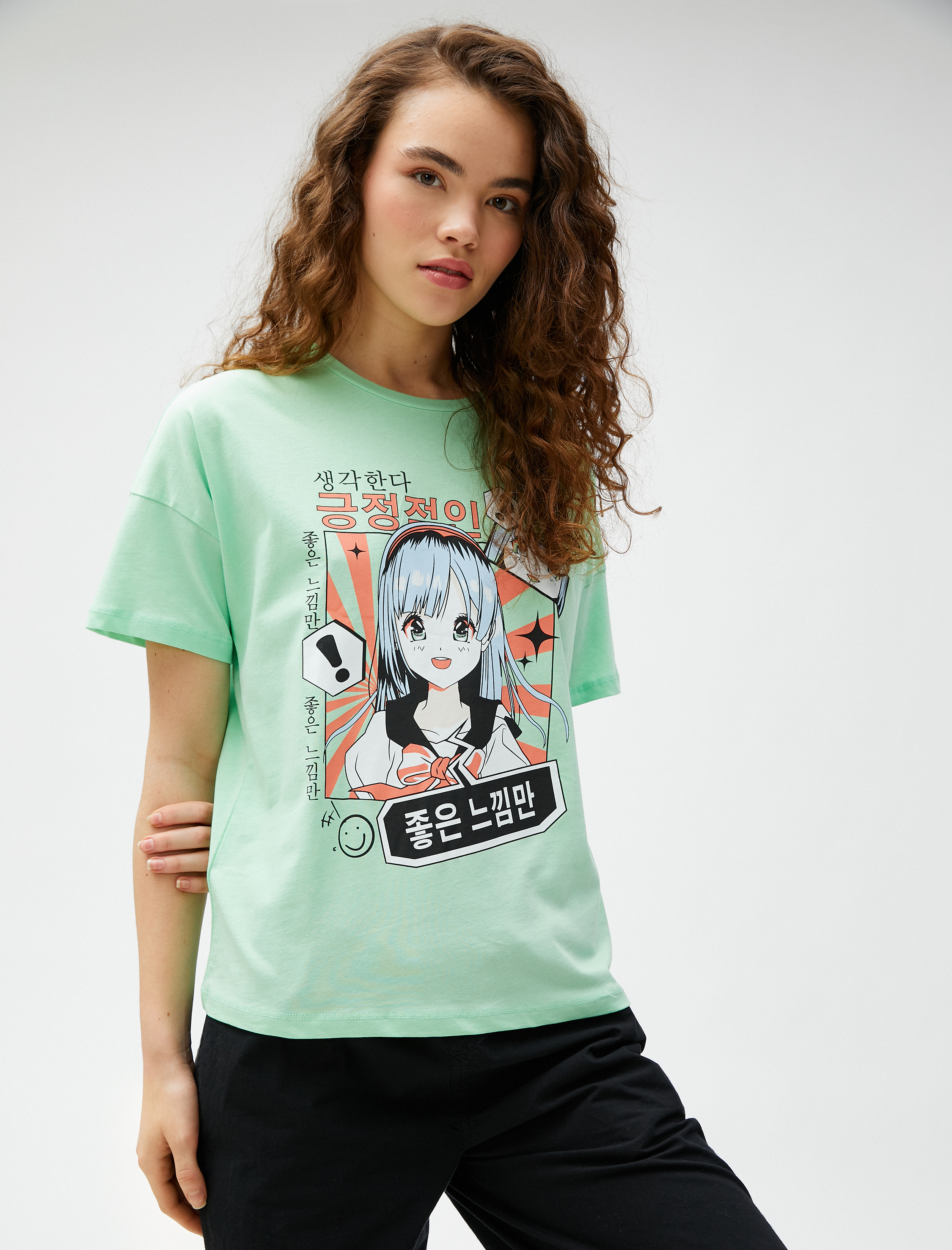   Anime Tişört Baskılı Kısa Kollu Bisiklet Yaka Pamuklu