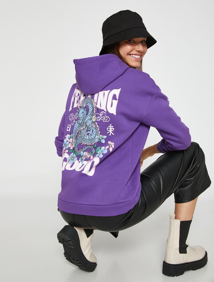  Oversize Sweatshirt Baskılı Kapüşonlu İçi Polarlı