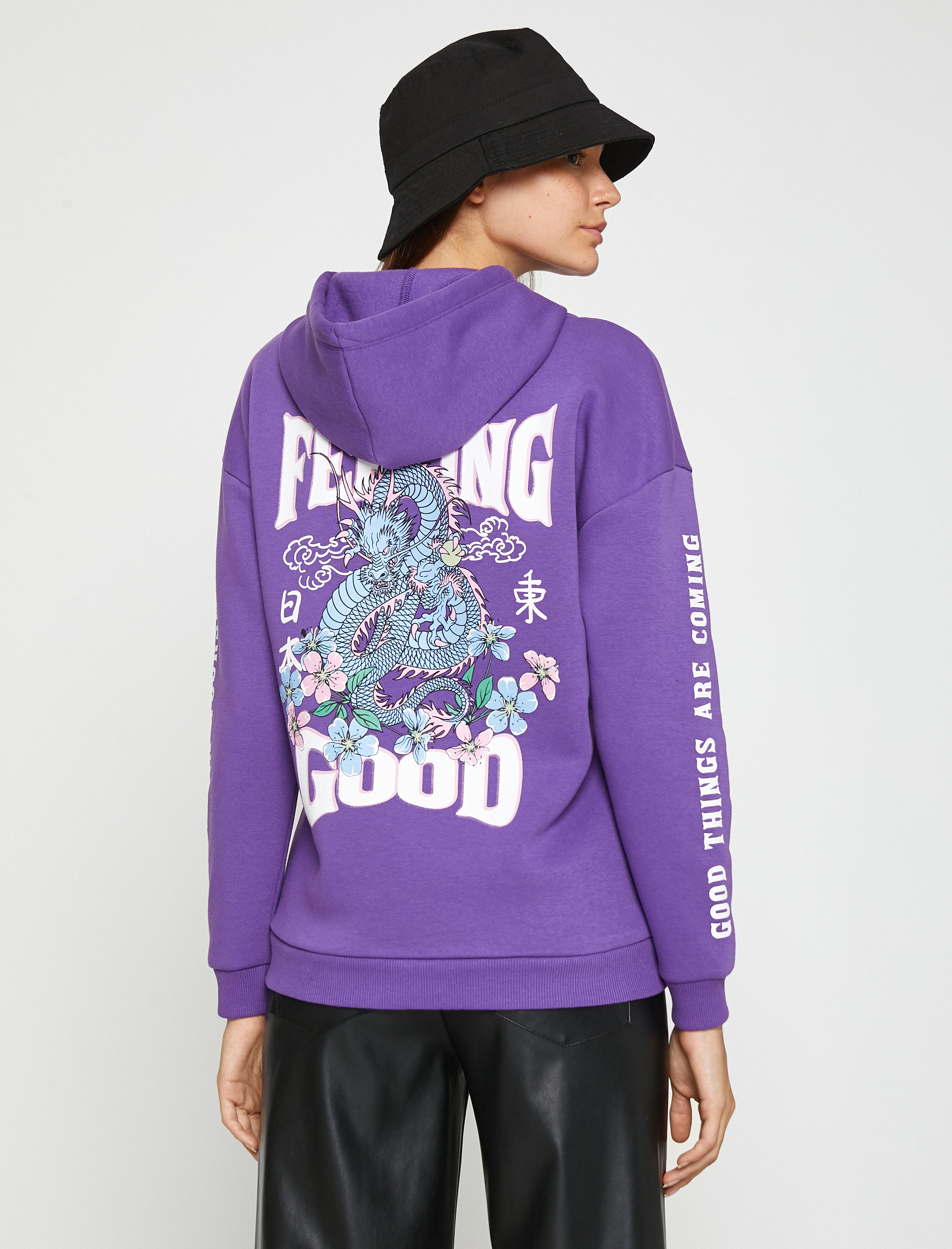   Oversize Sweatshirt Baskılı Kapüşonlu İçi Polarlı