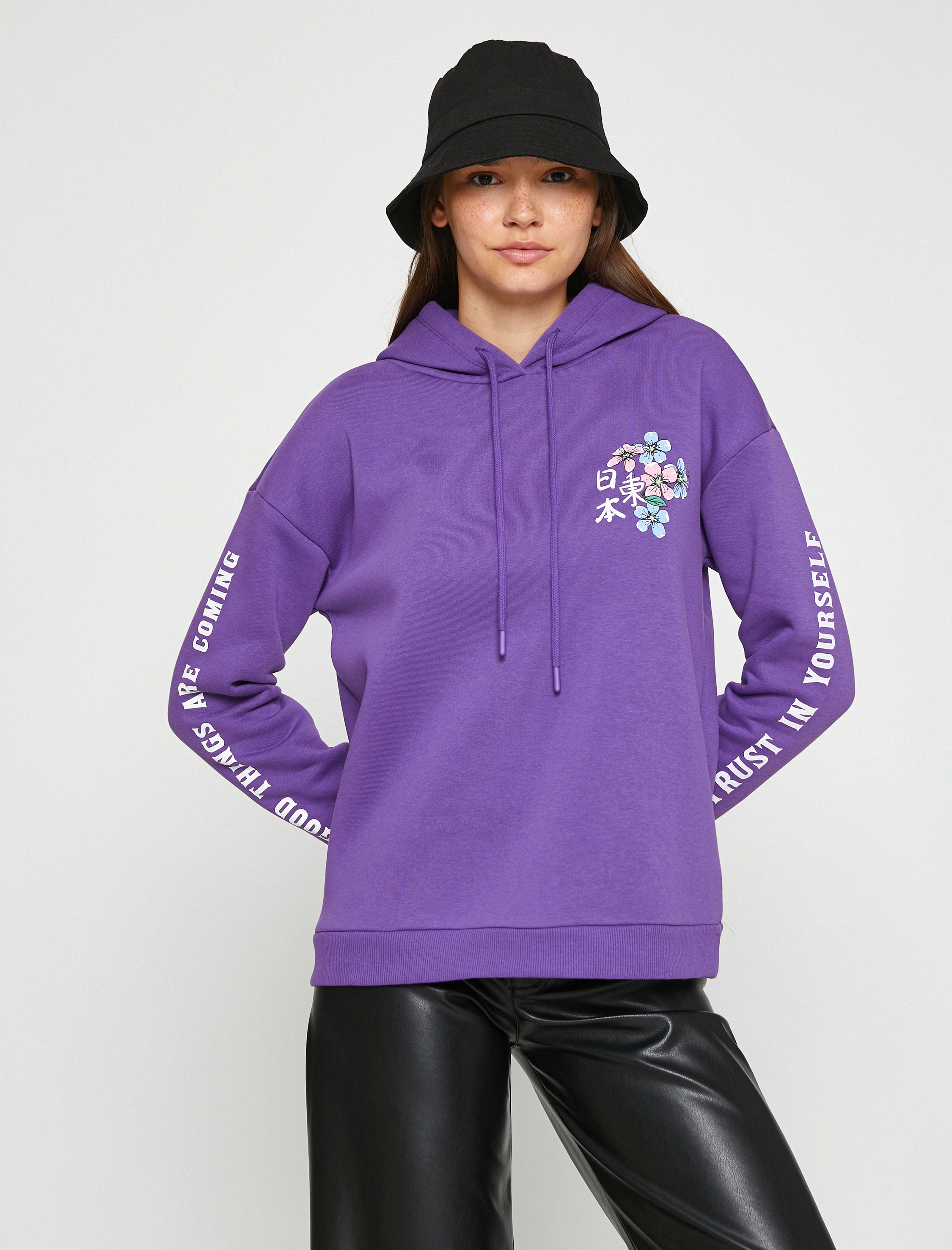   Oversize Sweatshirt Baskılı Kapüşonlu İçi Polarlı