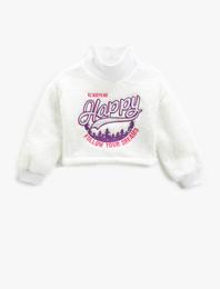 Peluş Sweatshirt Dik Yaka Uzun Kollu Aplike Detaylı