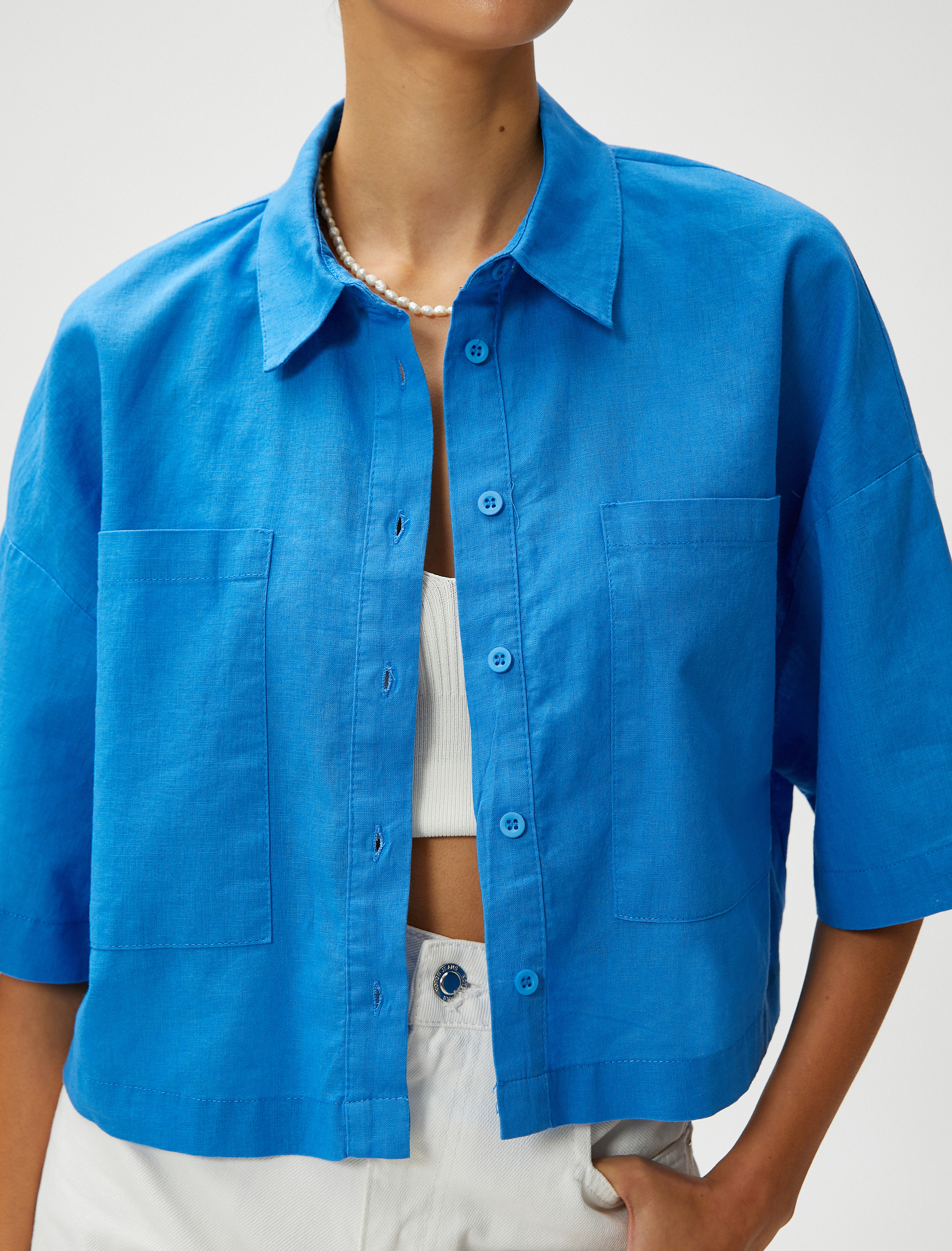   Keten Karışımlı Crop Oversize Gömlek