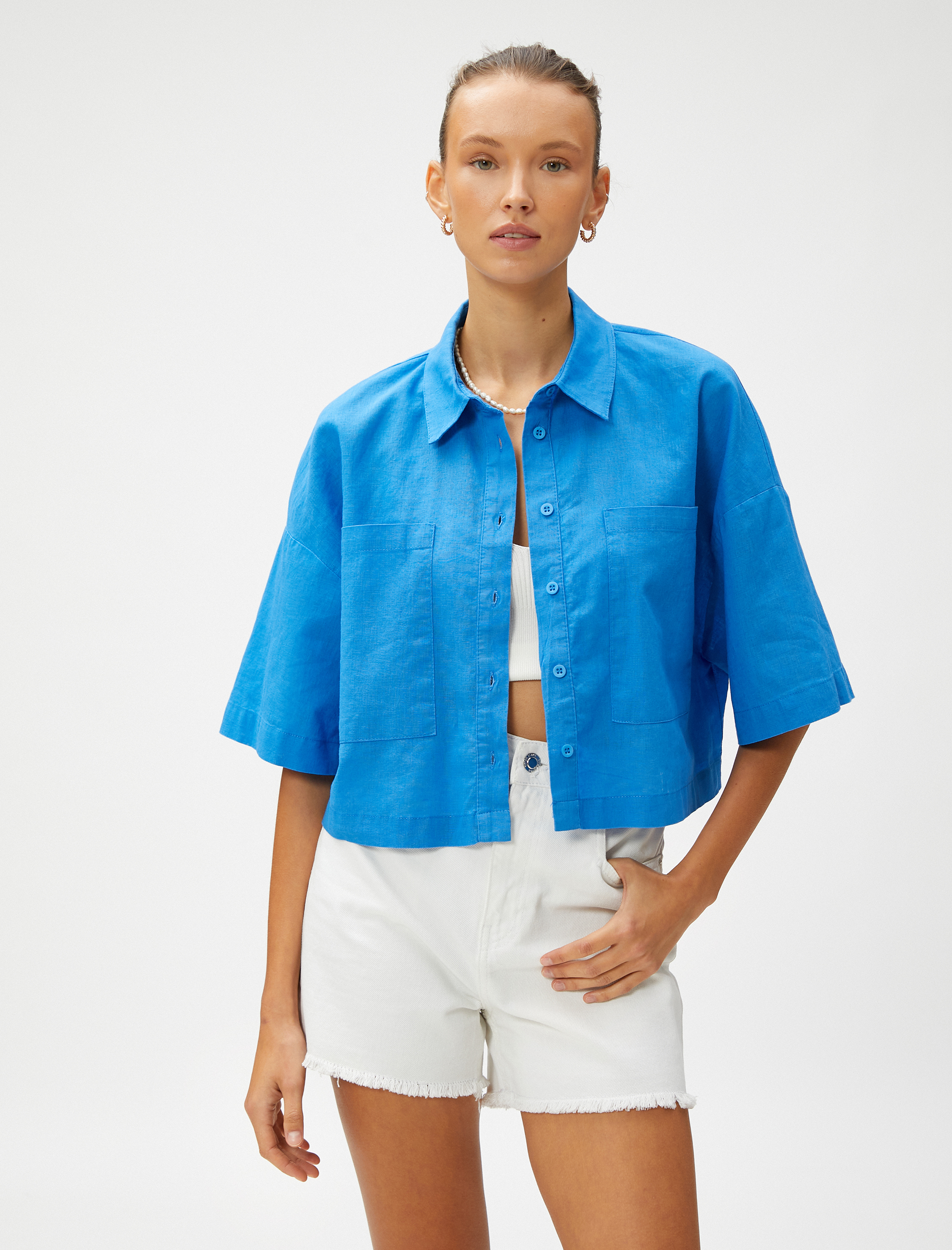   Keten Karışımlı Crop Oversize Gömlek