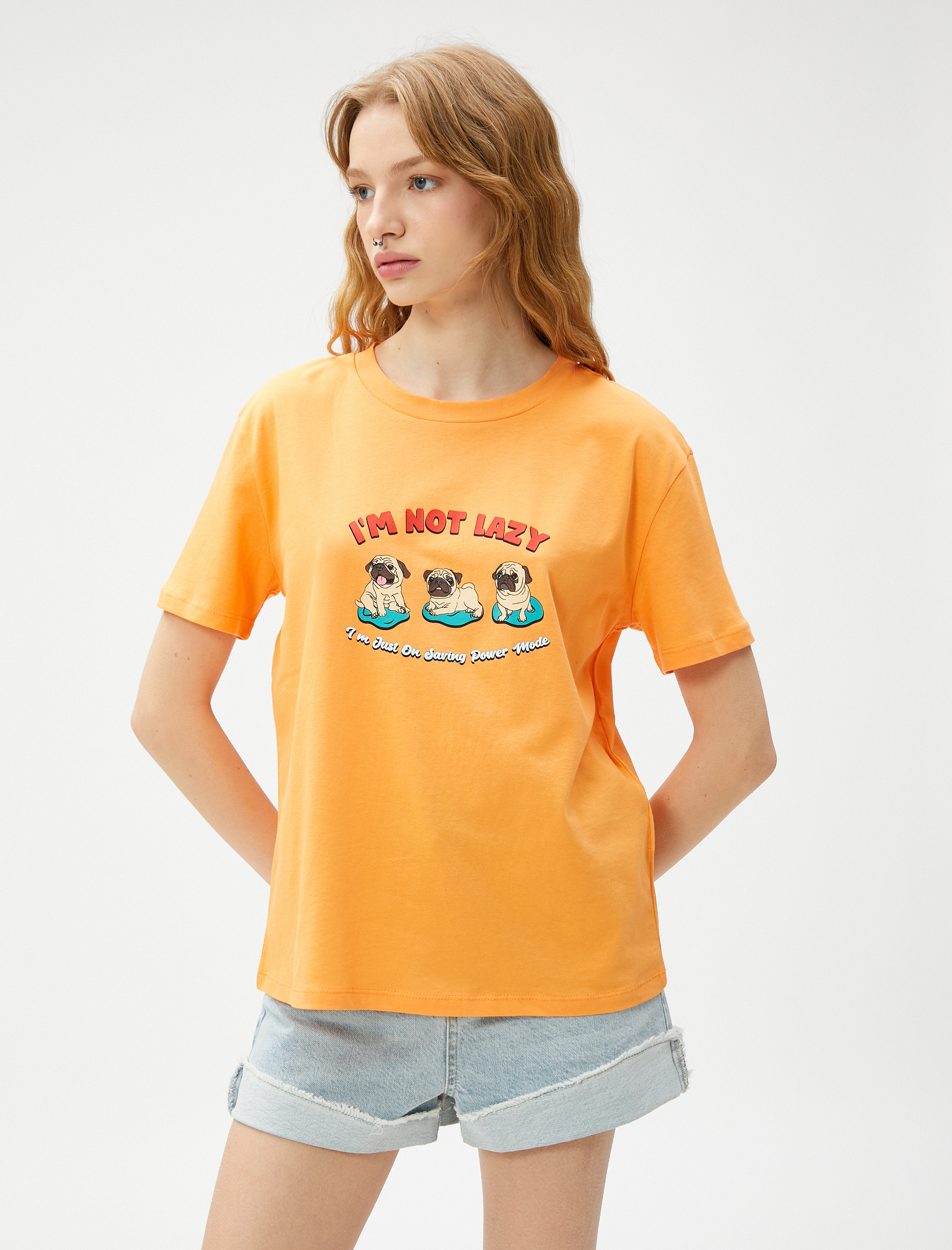   Baskılı Tişört Bisiklet Yaka Kısa Kollu Pamuklu