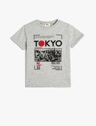 Tişört Kısa Kollu Bisiklet Yaka Tokyo Baskılı Pamuklu