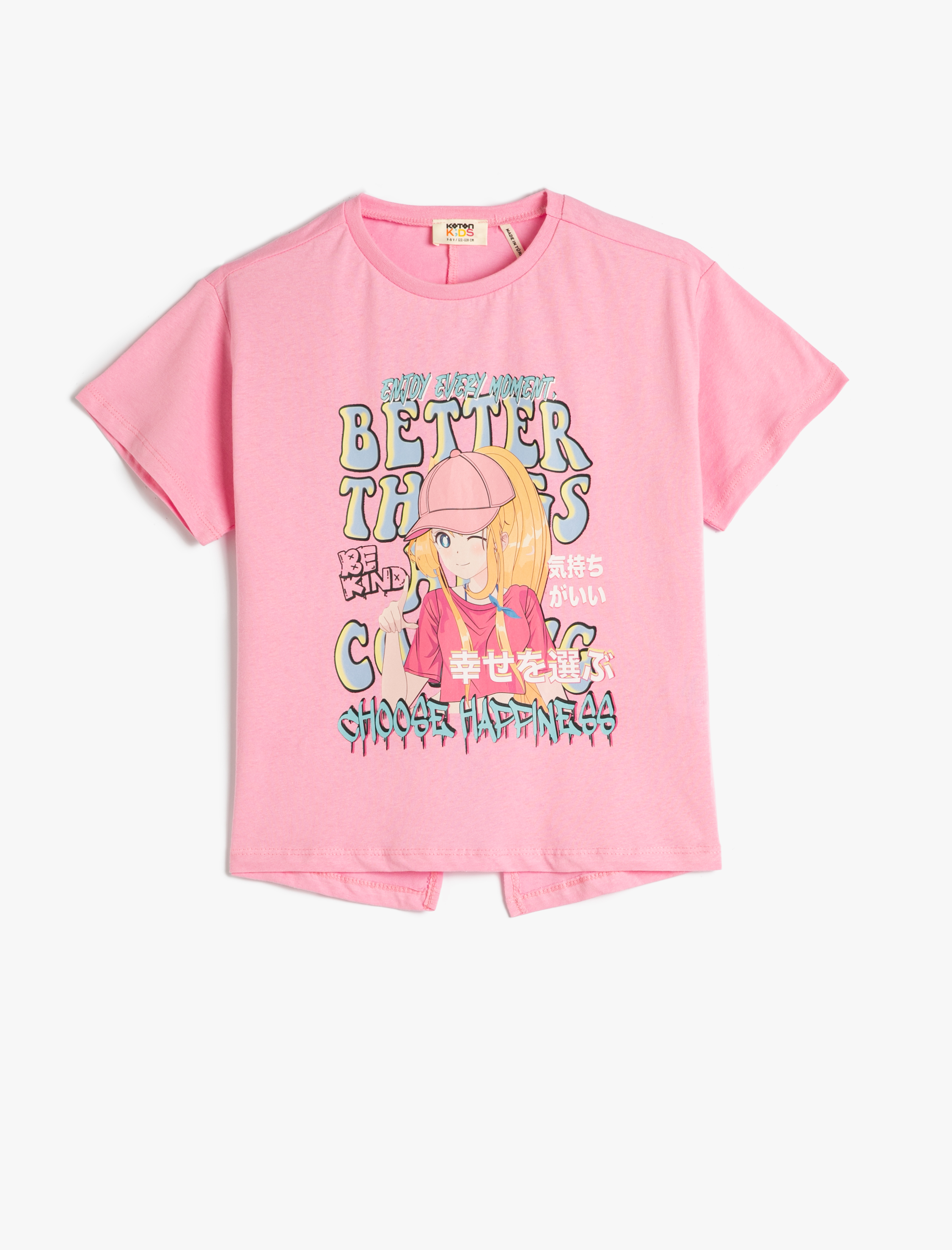  Kız Çocuk Tişört Anime Baskılı Arkası Yırtmaç Detaylı Kısa Kollu Bisiklet Yaka