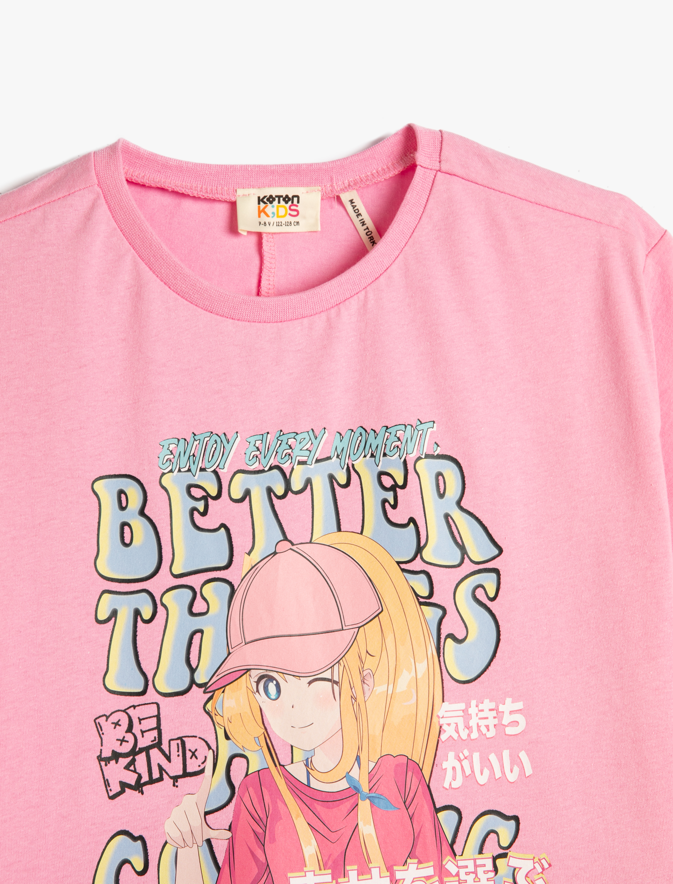  Kız Çocuk Tişört Anime Baskılı Arkası Yırtmaç Detaylı Kısa Kollu Bisiklet Yaka