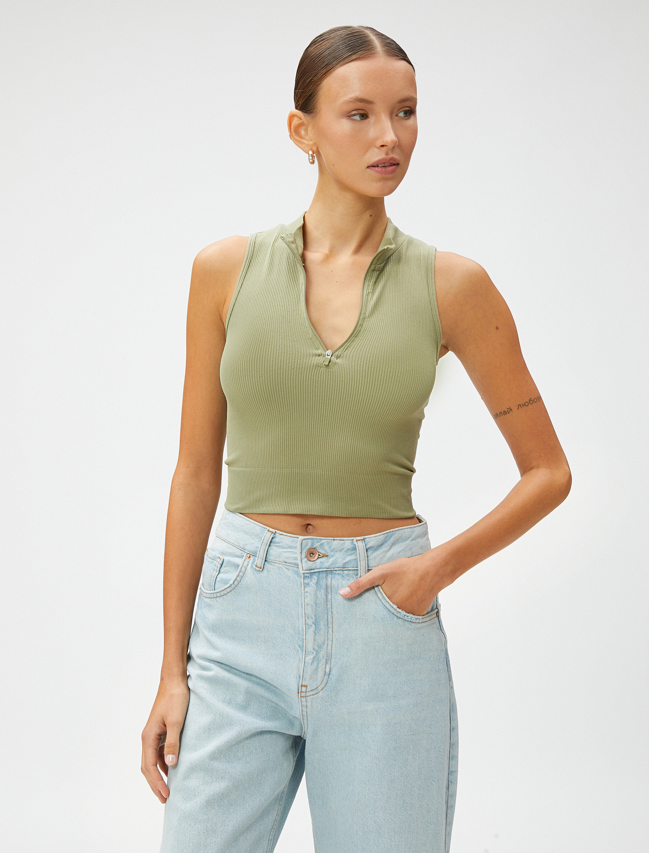   Crop Seamless Bluz Yarım Fermuarlı