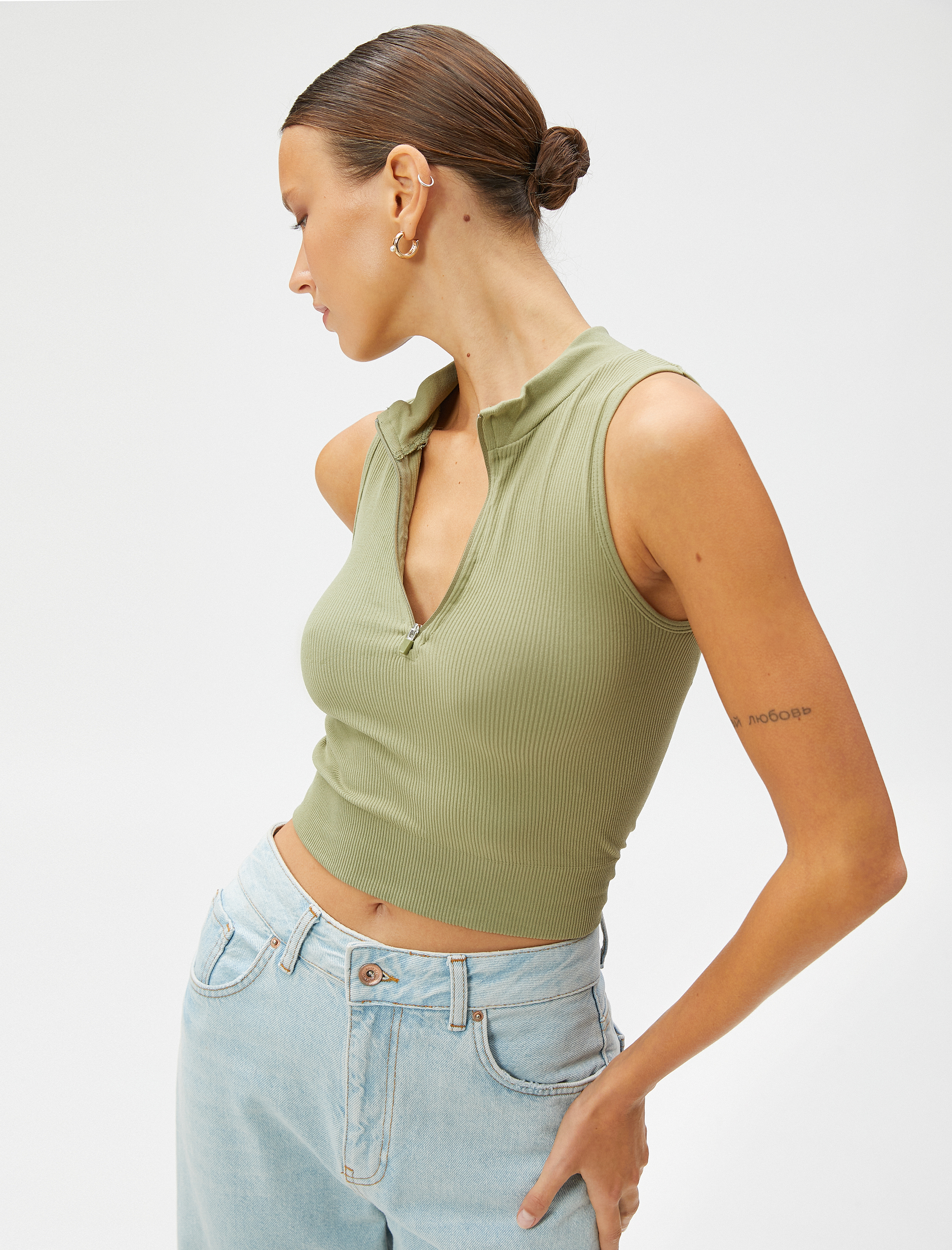   Crop Seamless Bluz Yarım Fermuarlı