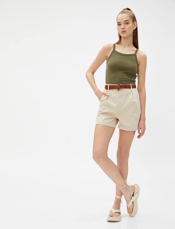  Mini Şort Yüksek Bel Cepli Kemer Detaylı