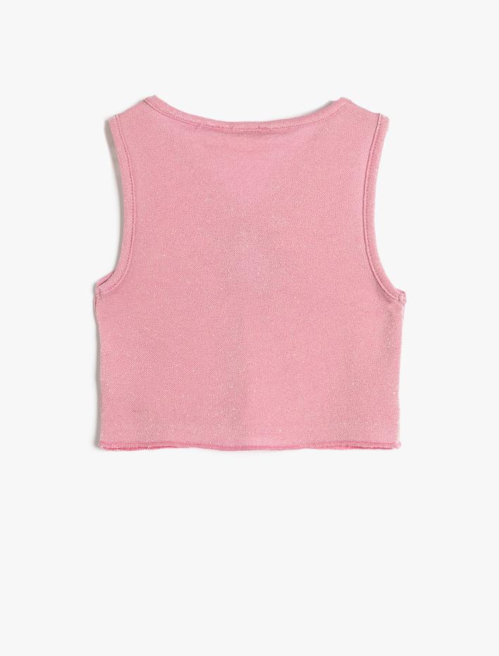 Kız Çocuk Crop Üst Kolsuz Pencere Detaylı V Yaka Parıltılı