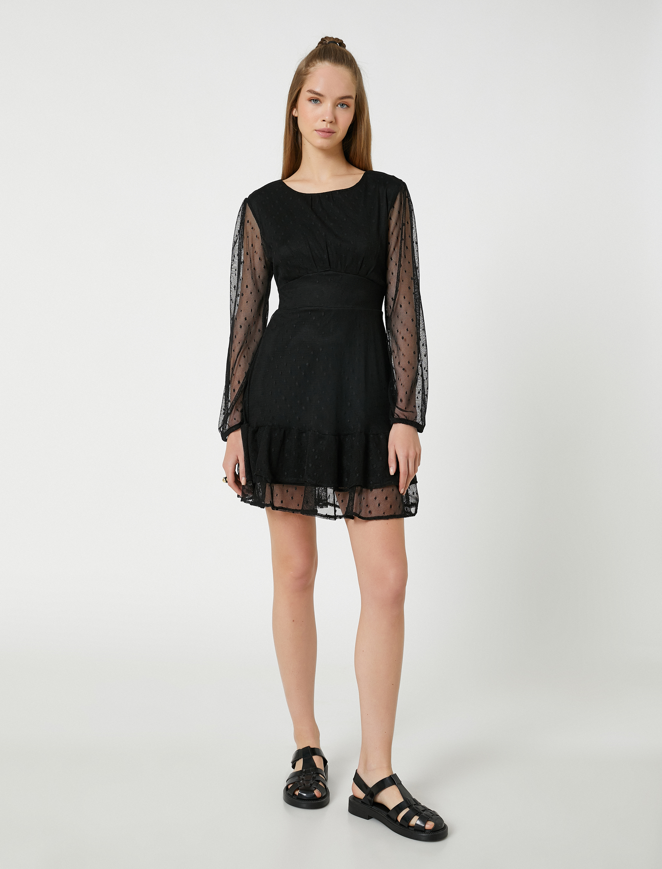   Dantel Elbise Mini Uzun Kollu Bisiklet Yaka