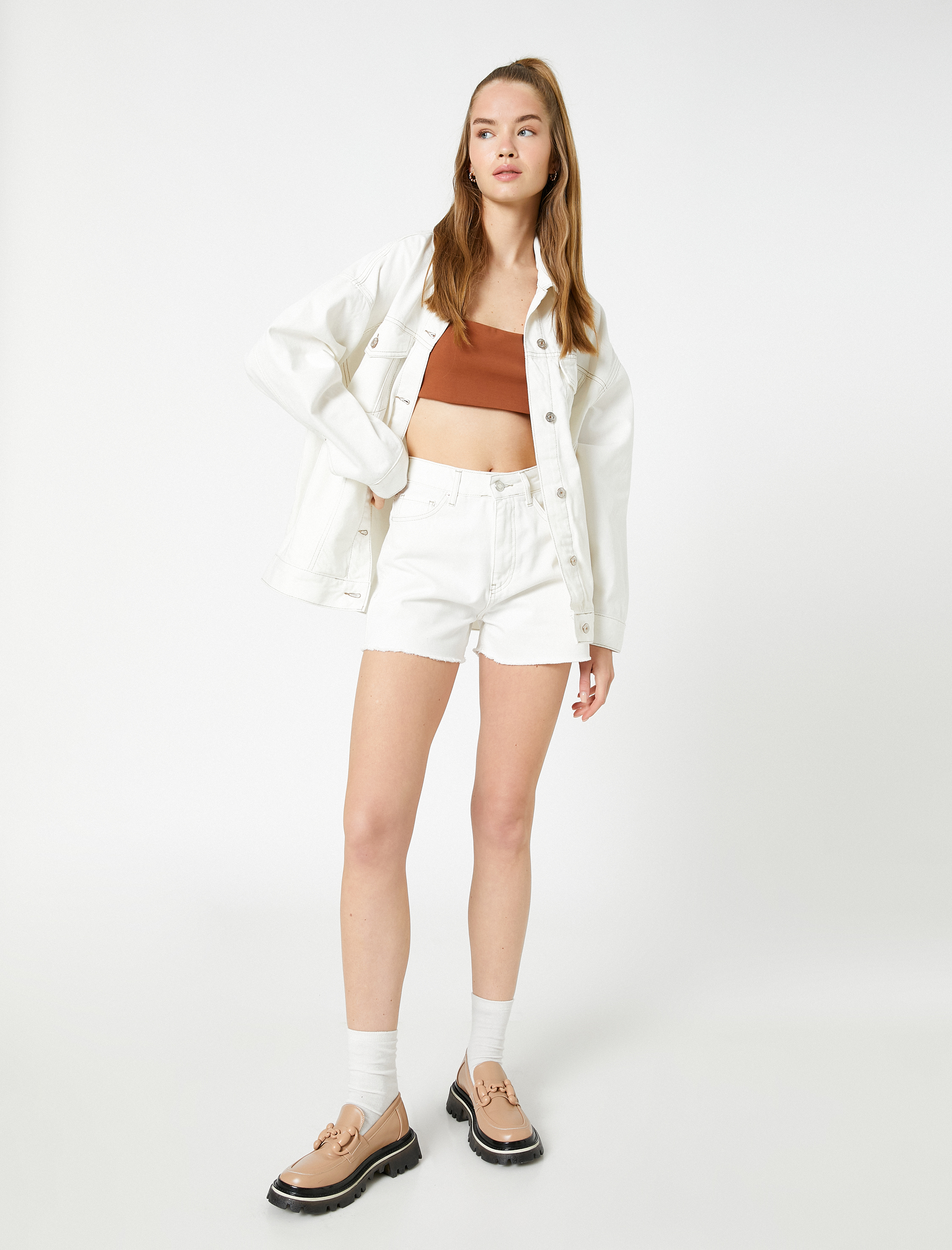   Mini Şort Yüksek Bel Cepli Püsküllü Pamuklu