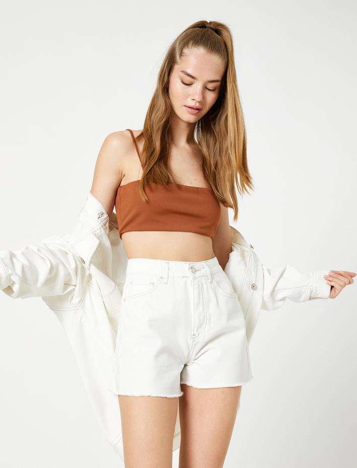  Mini Şort Yüksek Bel Cepli Püsküllü Pamuklu