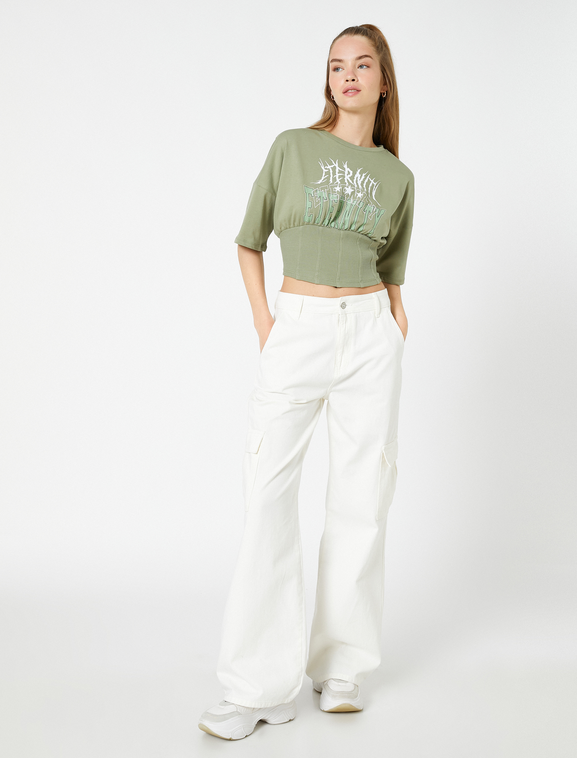   Crop Tişört Baskılı Beli Korseli Kısa Kollu Bisiklet Yaka Pamuklu