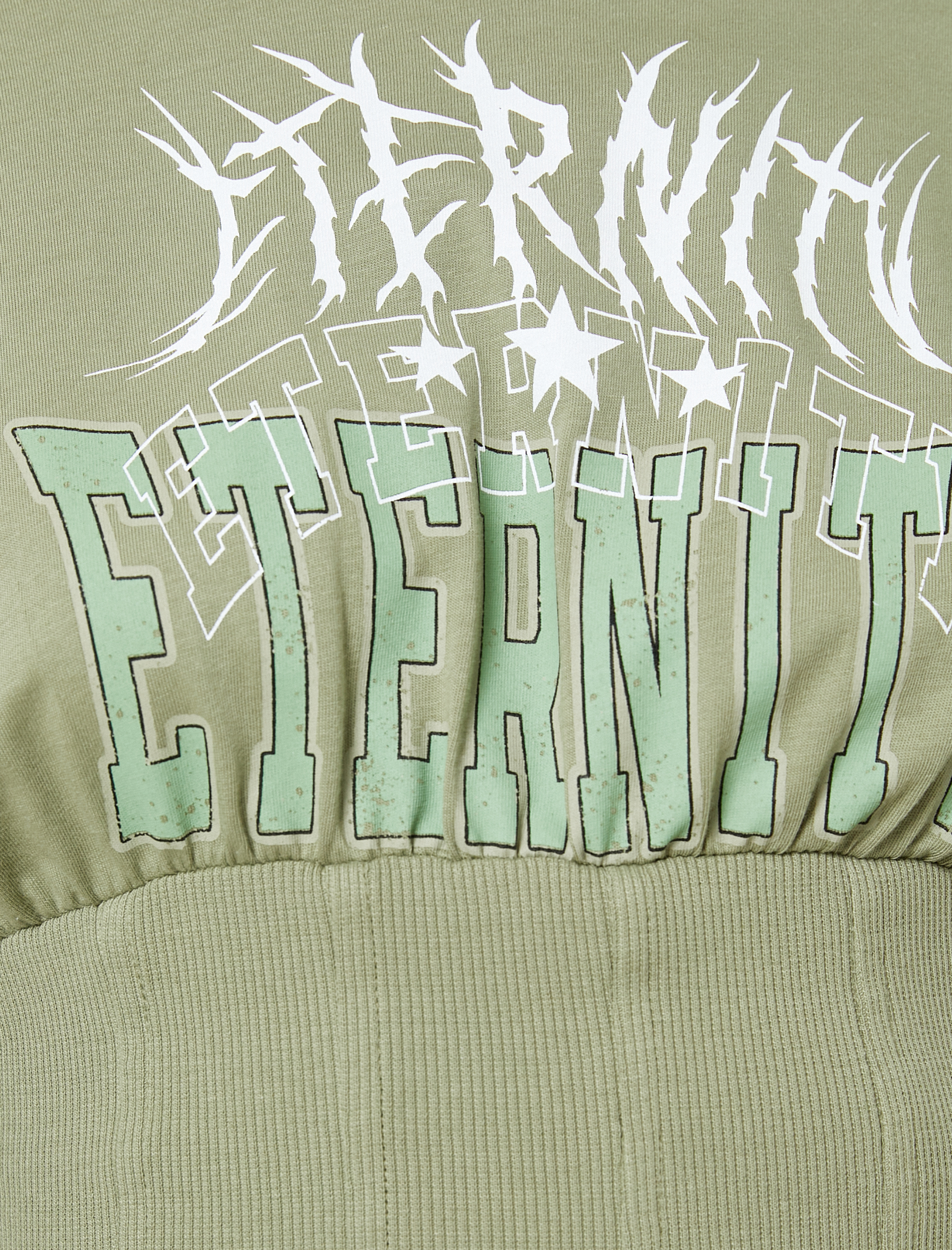   Crop Tişört Baskılı Beli Korseli Kısa Kollu Bisiklet Yaka Pamuklu