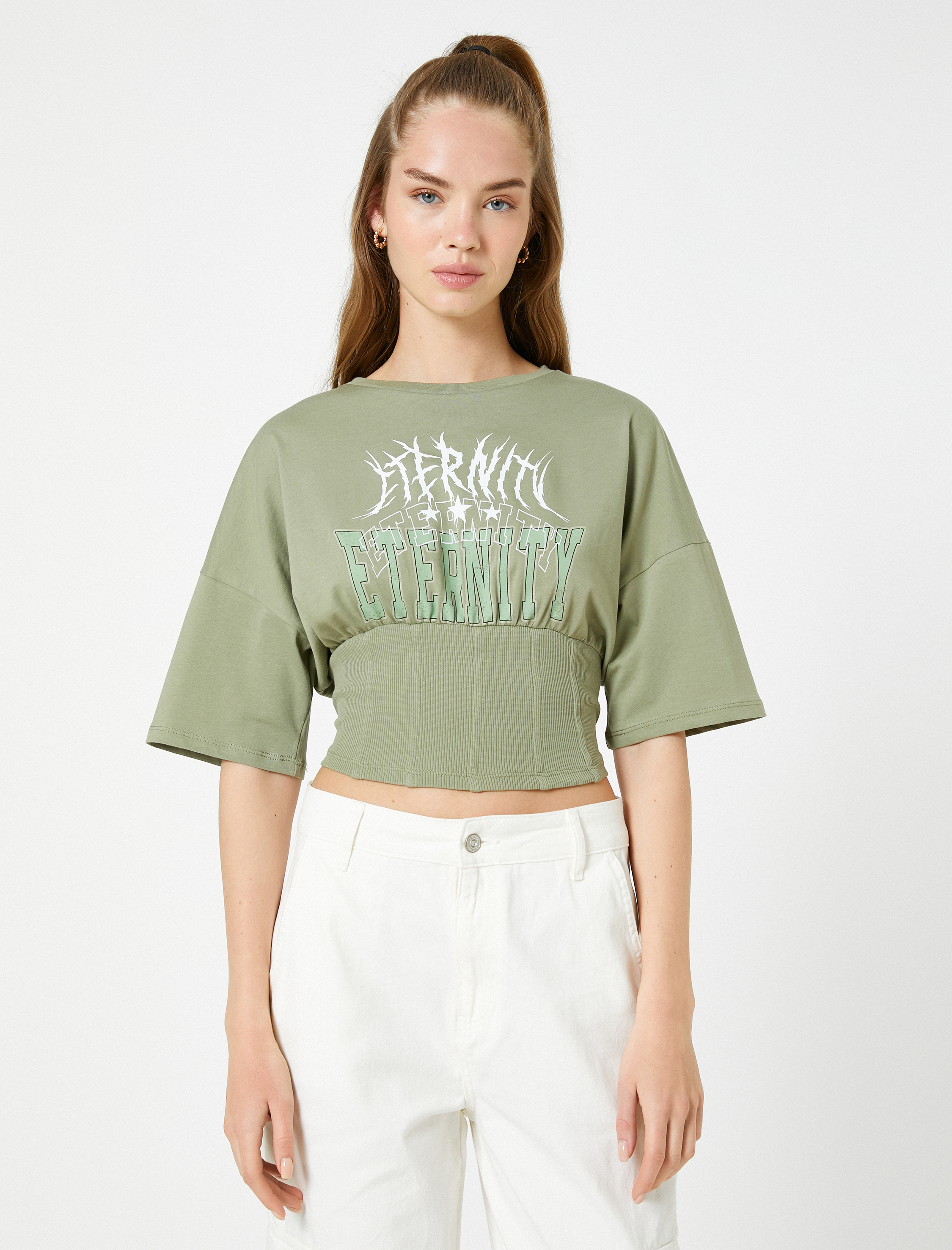   Crop Tişört Baskılı Beli Korseli Kısa Kollu Bisiklet Yaka Pamuklu