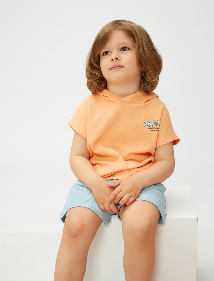 Erkek Bebek Kapşonlu Sweatshirt Havlu Kumaş Kısa Kollu Arkası Baskılı Pamuklu