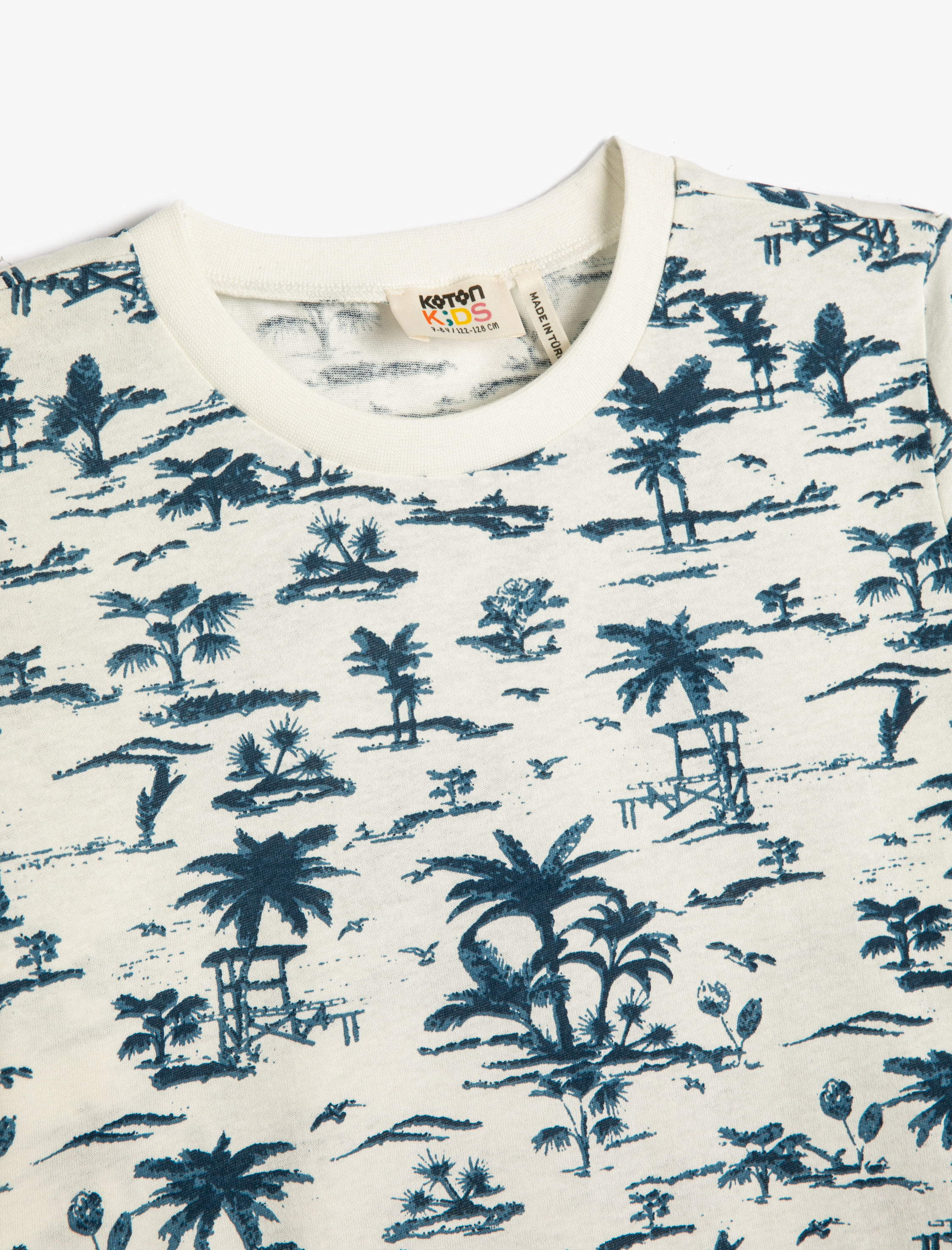 Erkek Çocuk Tişört Palmiye Baskılı Kısa Kollu Bisiklet Yaka Pamuklu