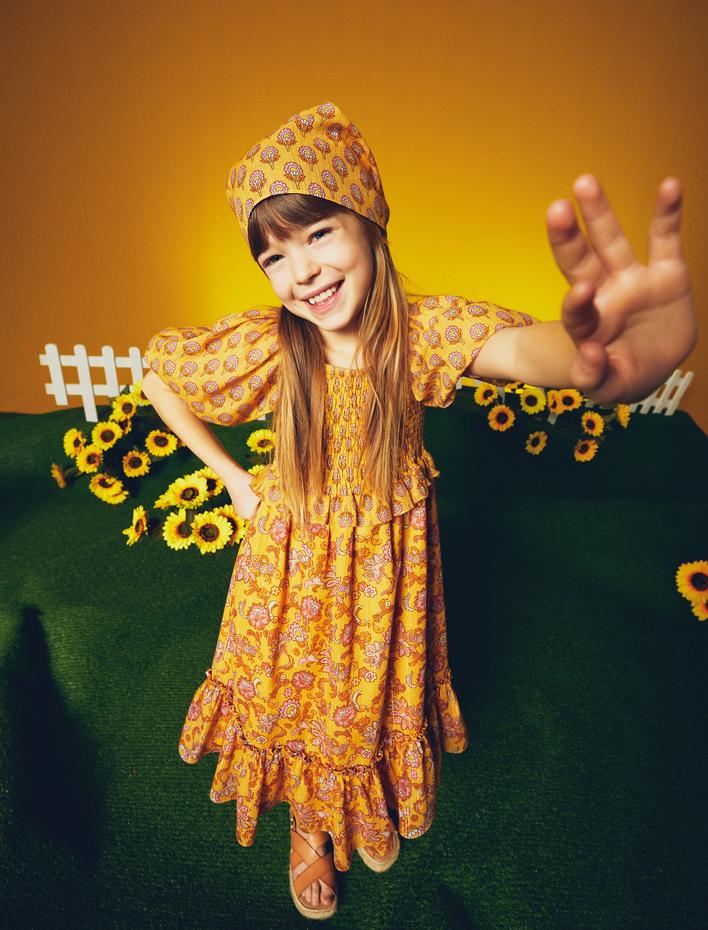 Kız Çocuk Elbise Çiçekli Balon Kollu Pamuklu Kare Yaka Astarlı