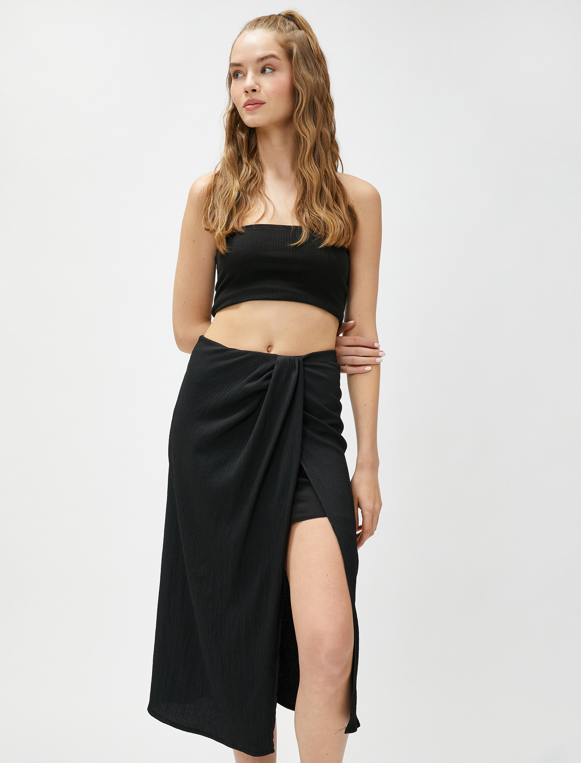   Midi Etek Drapeli Yırtmaçlı Astarlı Dokulu