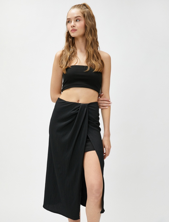  Midi Etek Drapeli Yırtmaçlı Astarlı Dokulu