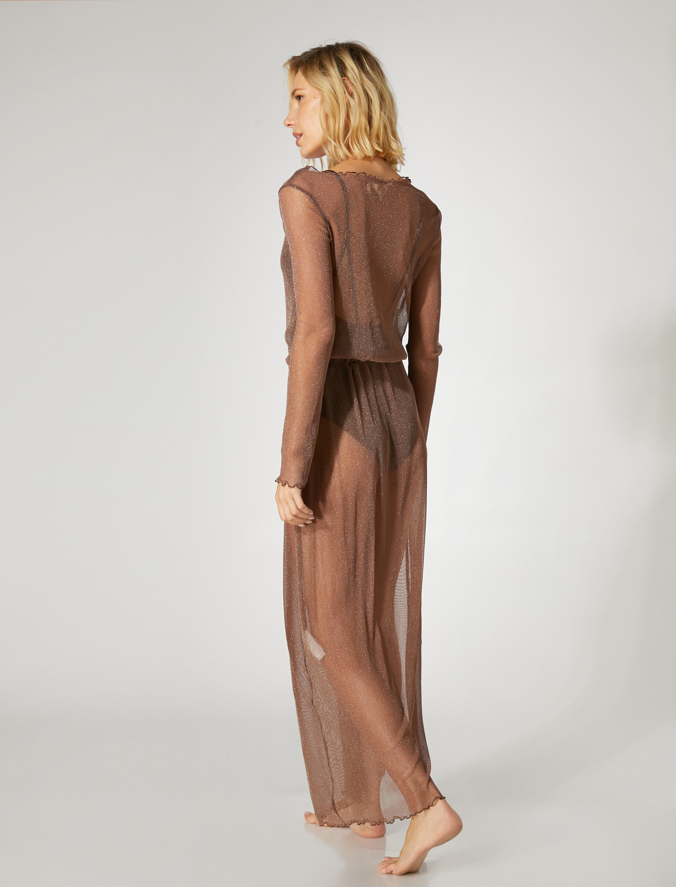   Uzun Plaj Elbisesi Uzun Kollu Bisiklet Yaka Simli