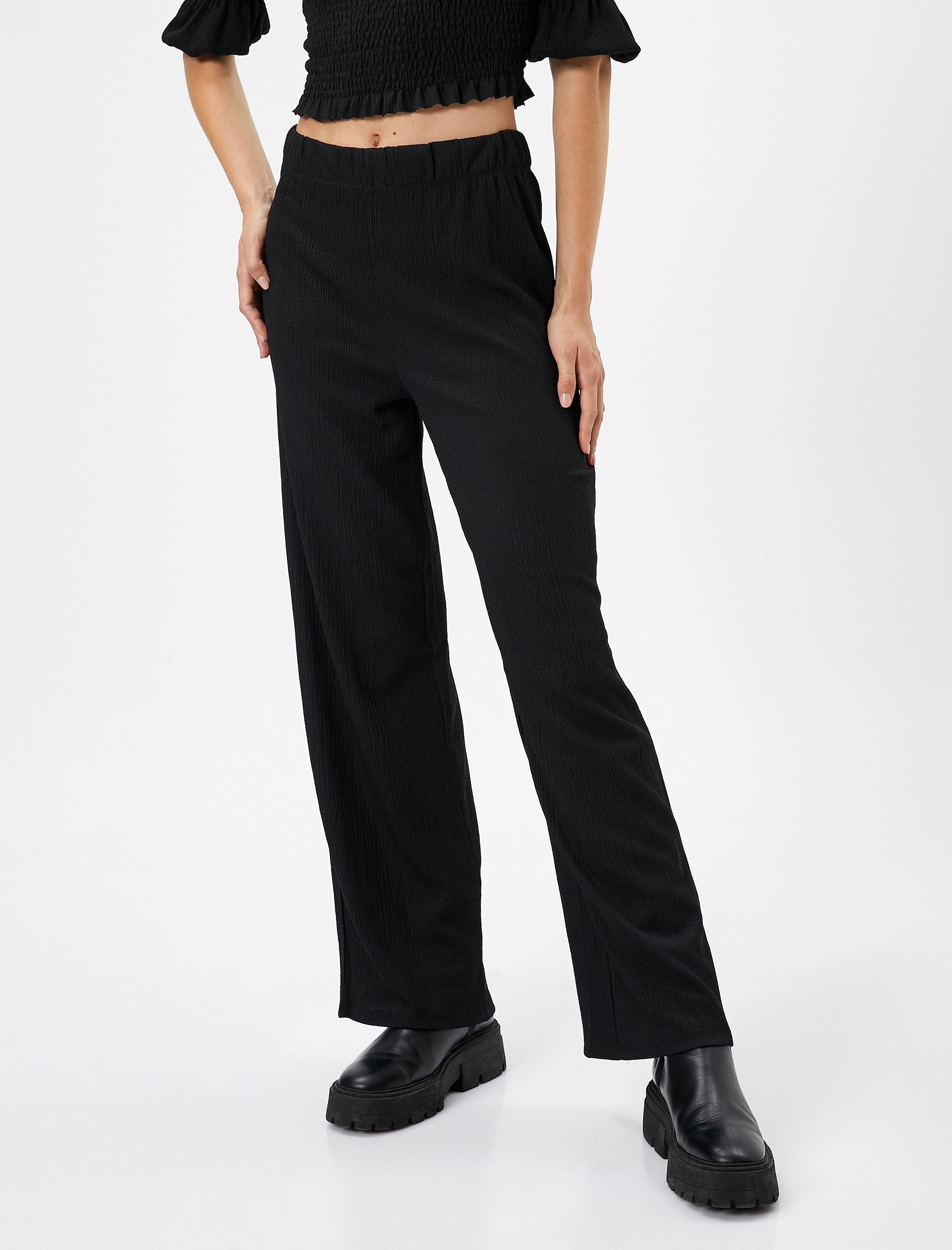   Beli Lastikli Pantolon Düz Paça Dokulu Bürümcük