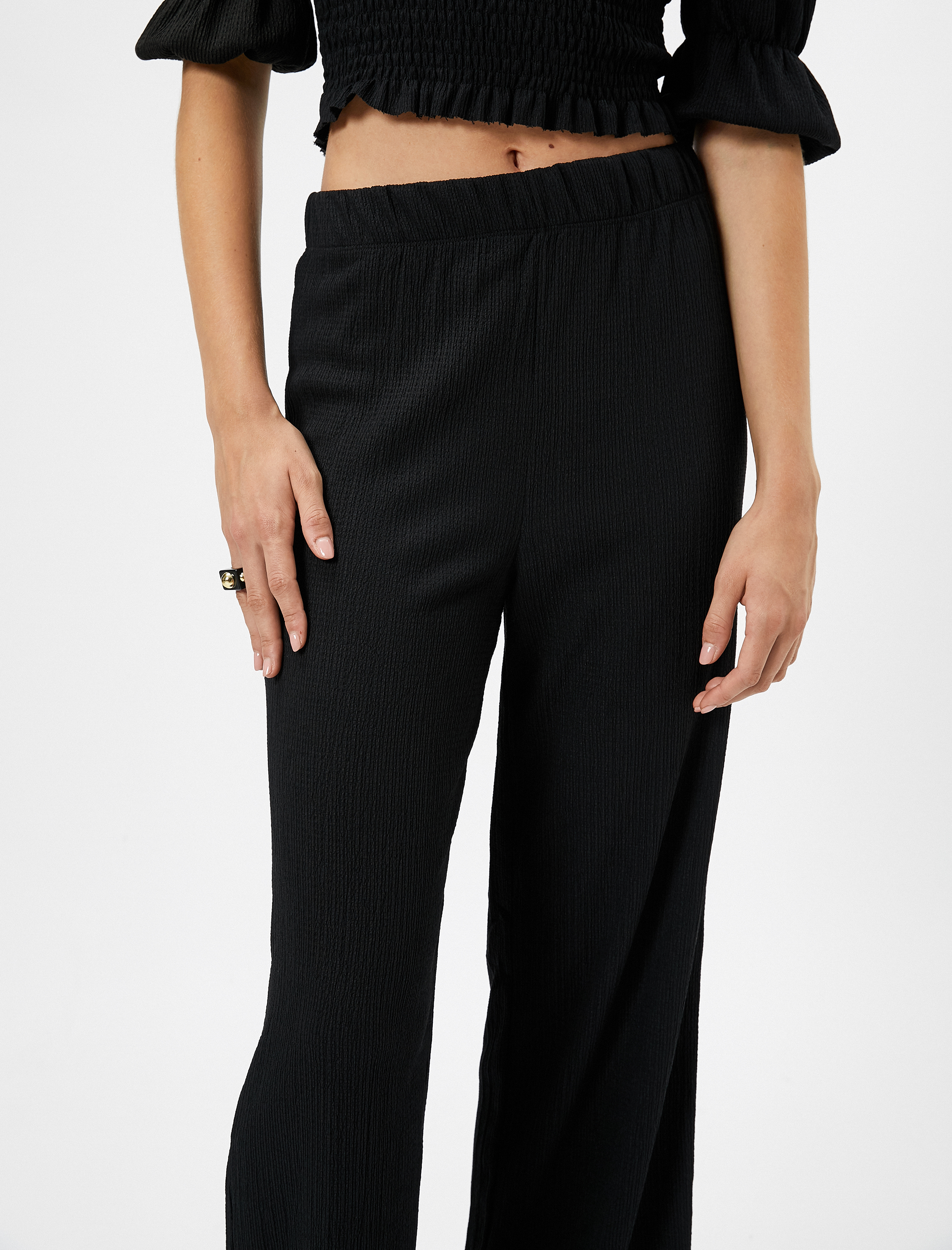   Beli Lastikli Pantolon Düz Paça Dokulu Bürümcük