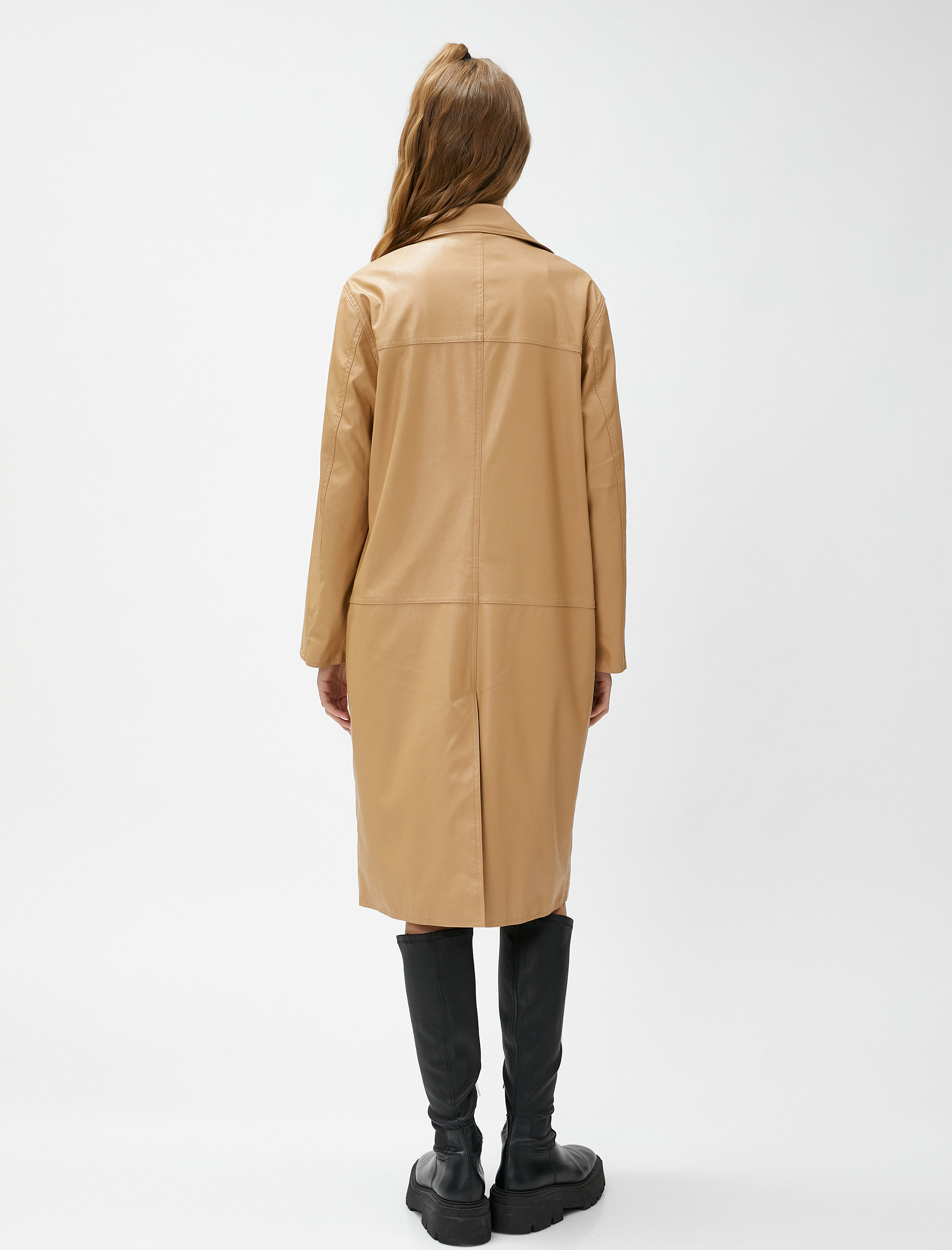 Deri Görünümlü Trençkot Midi Boy Düğmeli Kruvaze Kapama