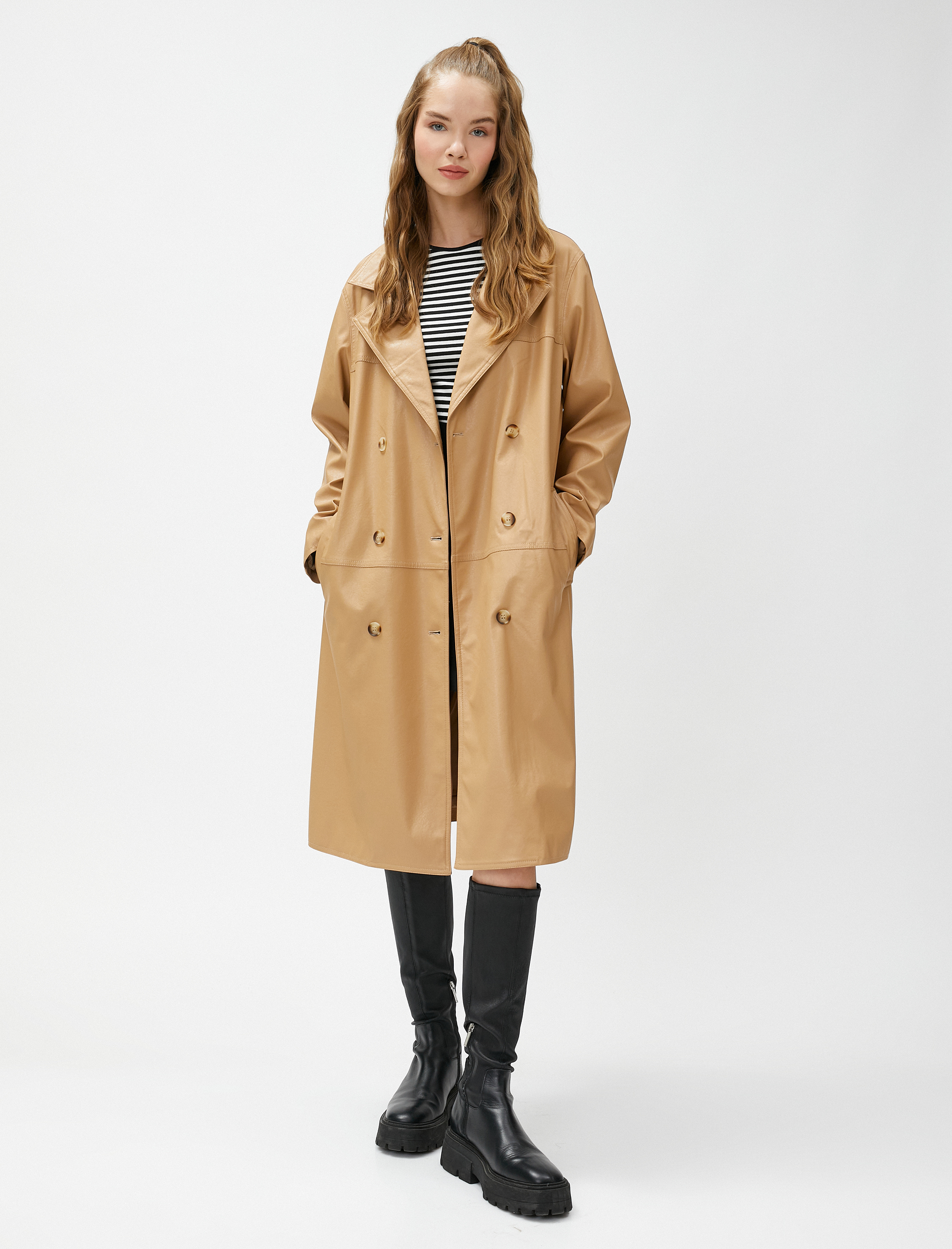 Deri Görünümlü Trençkot Midi Boy Düğmeli Kruvaze Kapama