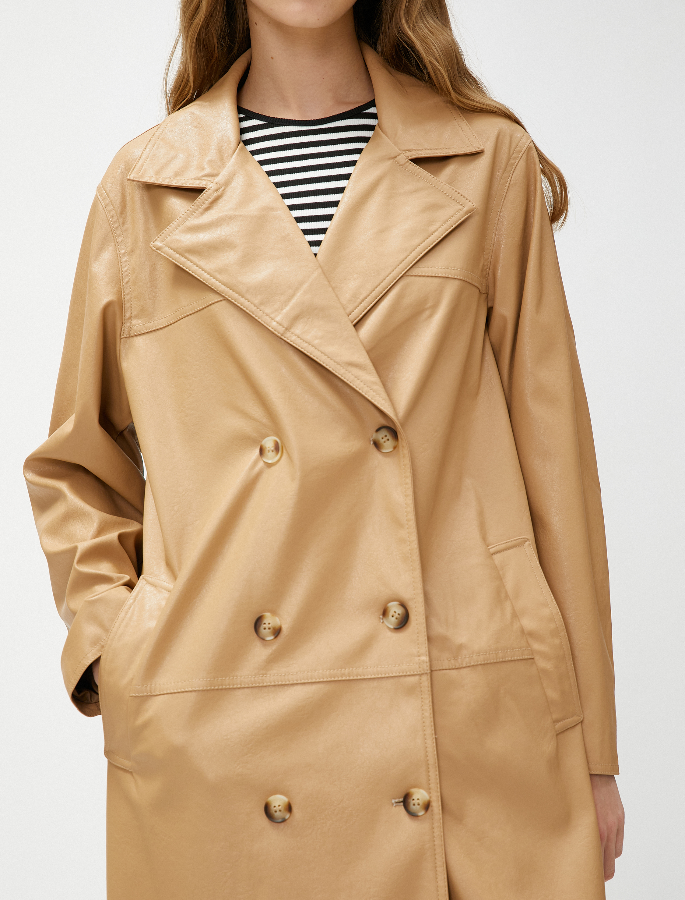 Deri Görünümlü Trençkot Midi Boy Düğmeli Kruvaze Kapama