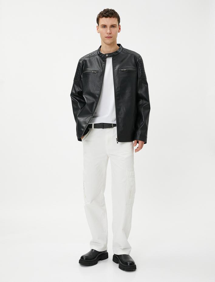  Deri Görünümlü Ceket Yuvarlak Yaka Cep Detaylı Fermuarlı