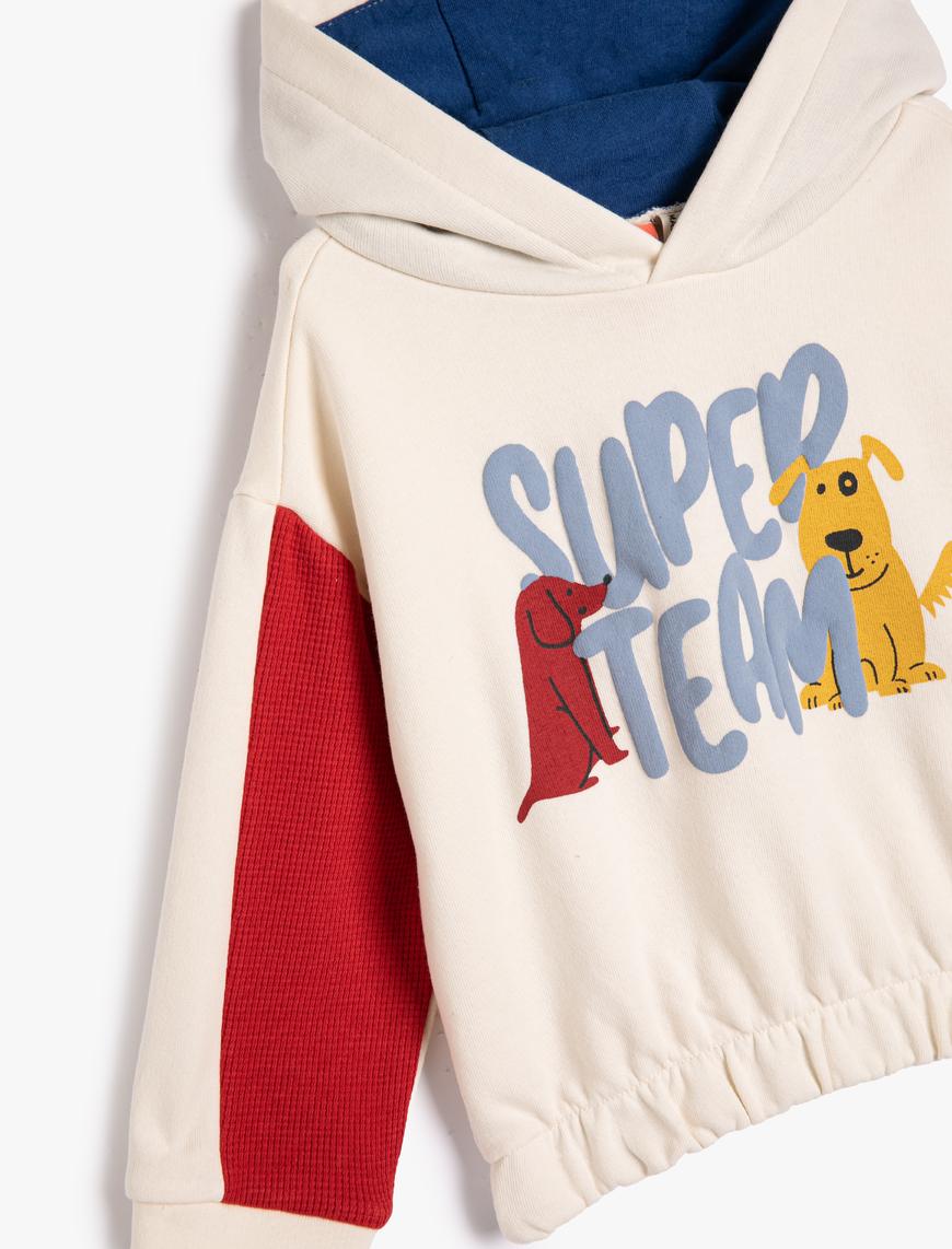  Erkek Bebek Kapüşonlu Sweatshirt Renk Kontrastlı Köpek Baskılı Pamuklu