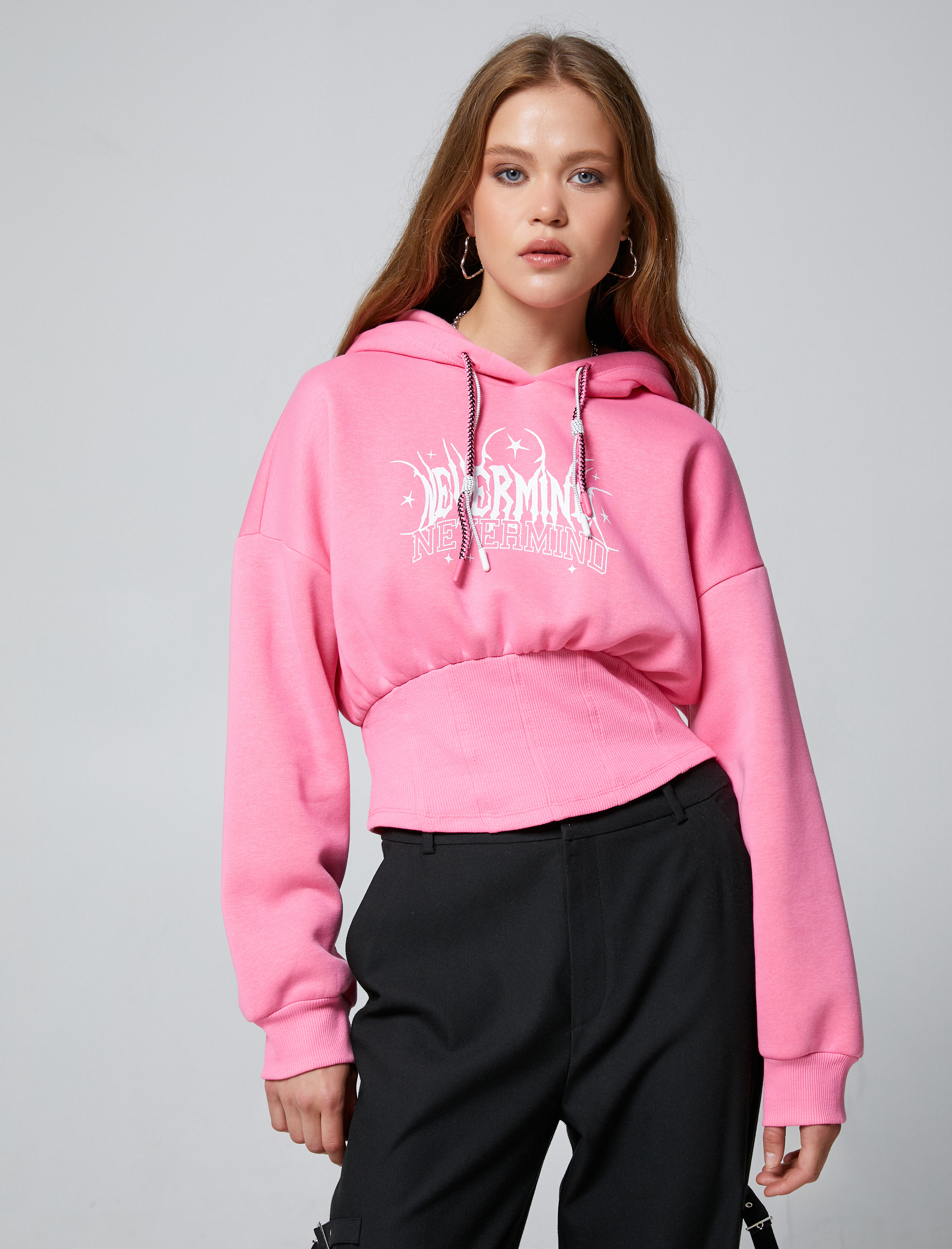   Şardonlu Kapüşonlu Sweatshirt Baskılı Beli Korse Detaylı