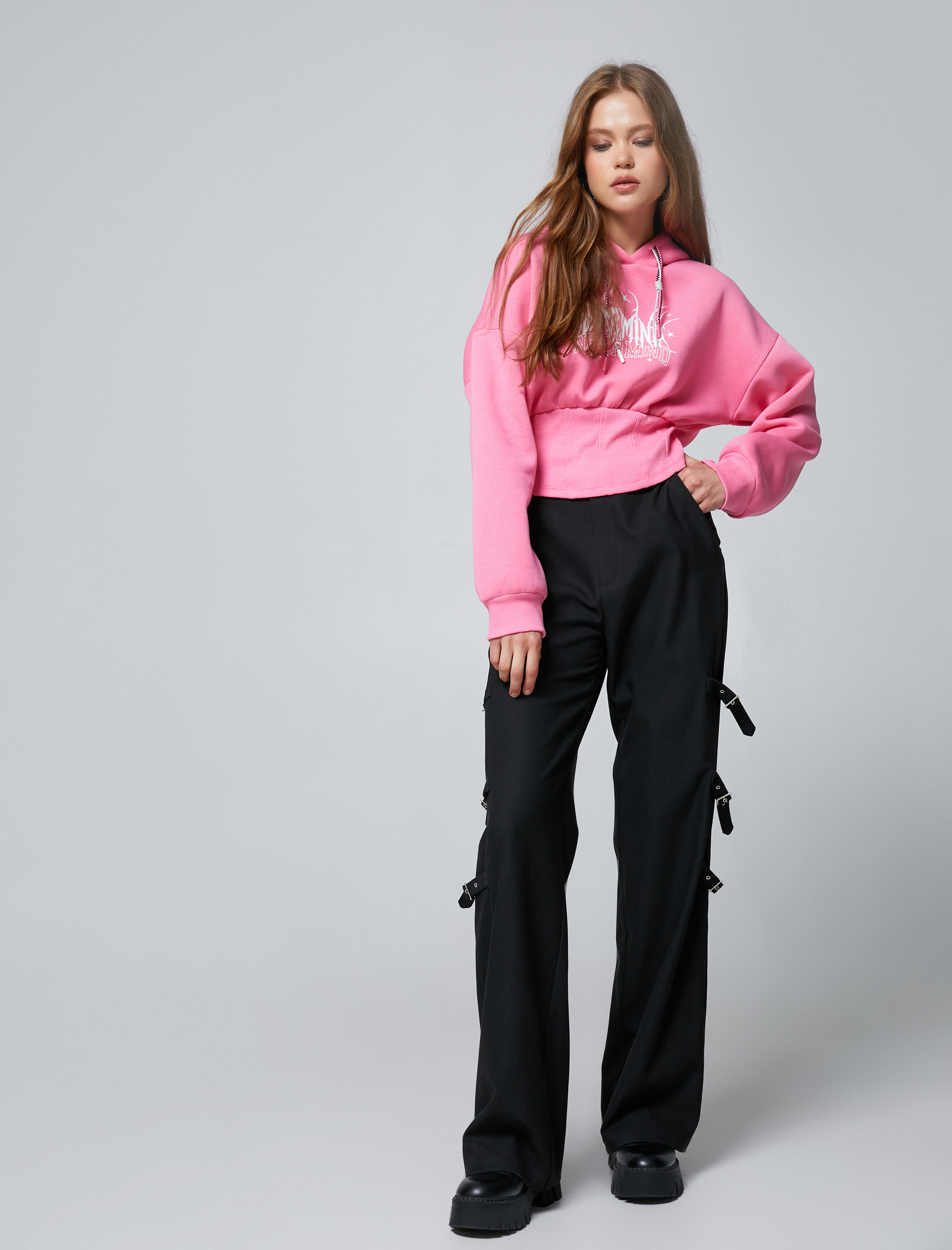   Şardonlu Kapüşonlu Sweatshirt Baskılı Beli Korse Detaylı