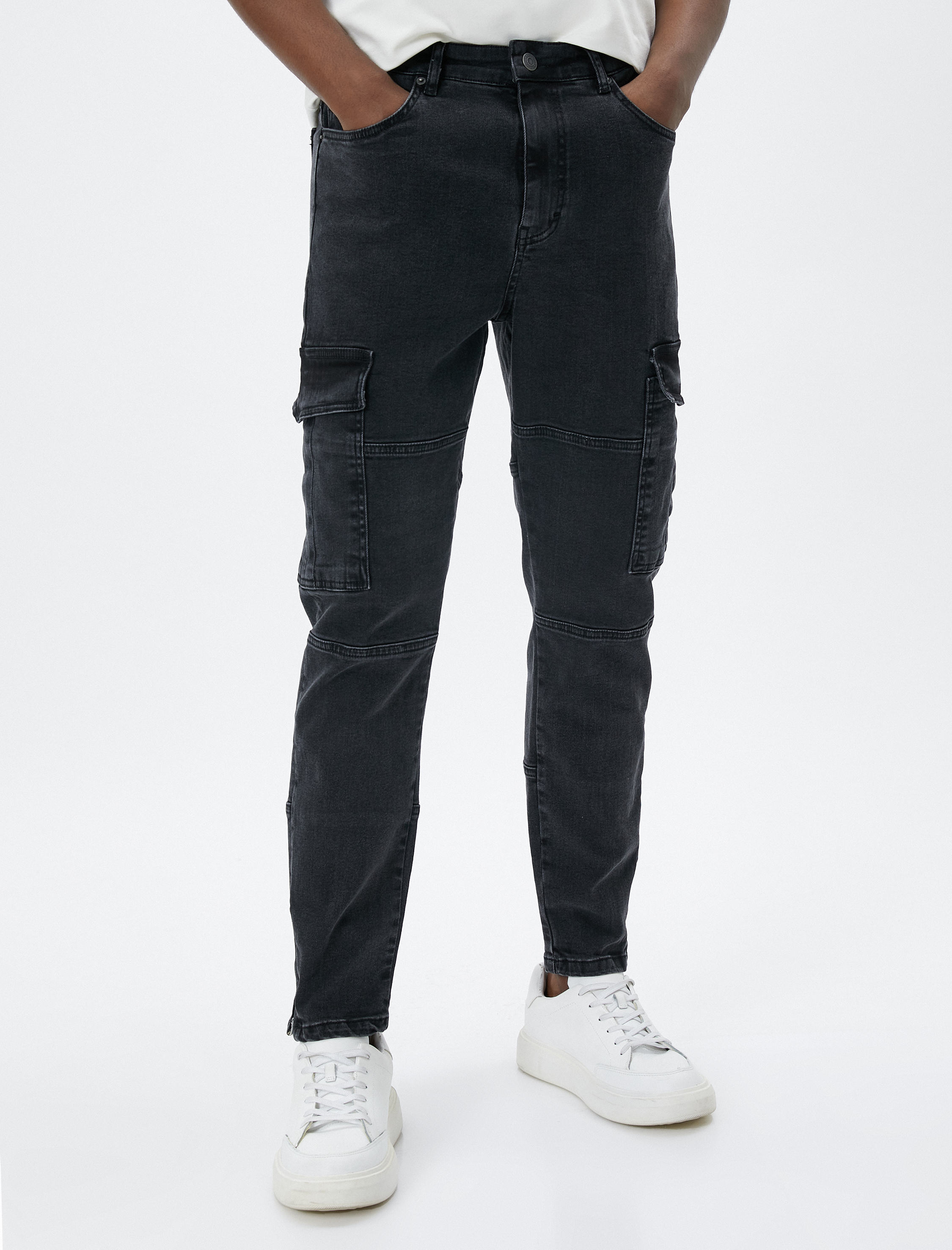   Kot Pantolon Kargo Cepli Dikiş Detaylı Düğmeli Normal Paça