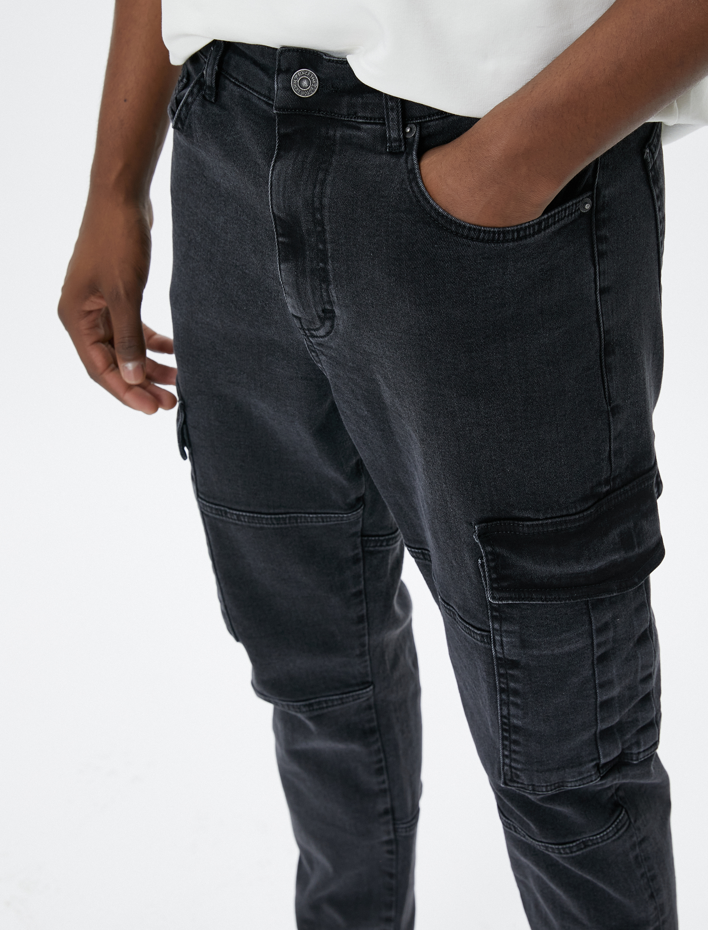   Kot Pantolon Kargo Cepli Dikiş Detaylı Düğmeli Normal Paça