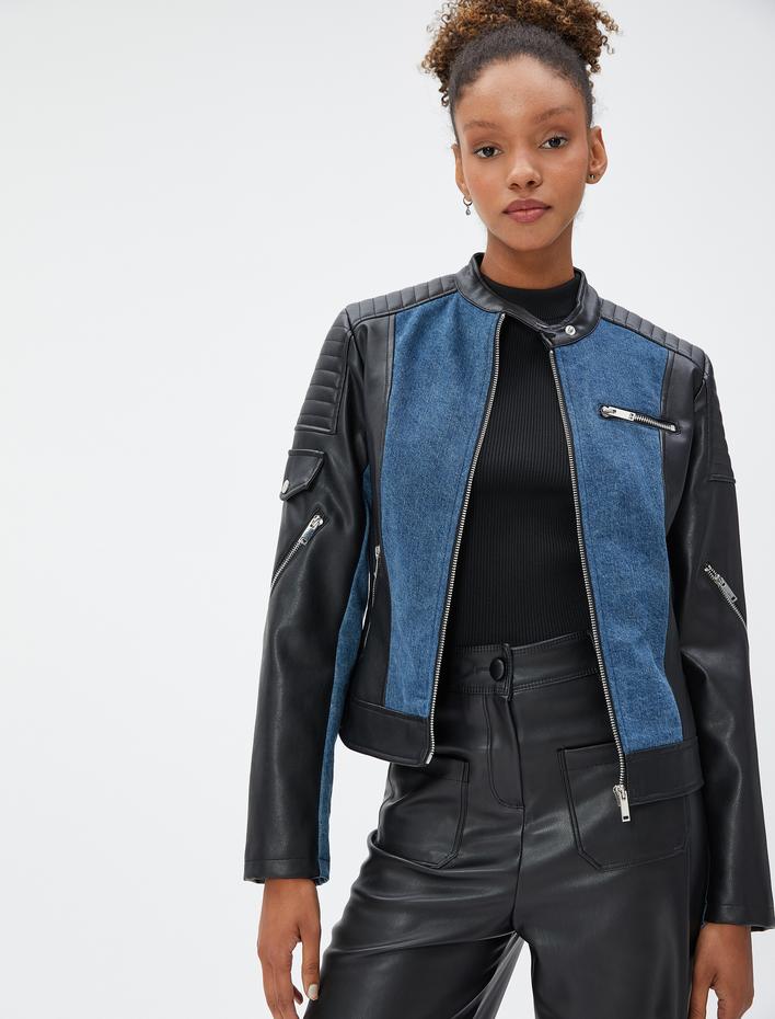  Deri Görünümlü Ceket Kot Detaylı Hakim Yaka Fermuarlı